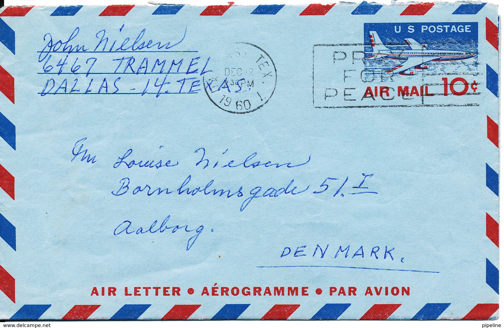 USA Aerogramme Air Letter Sent To  Denmark 12-12-1960 - 1941-60