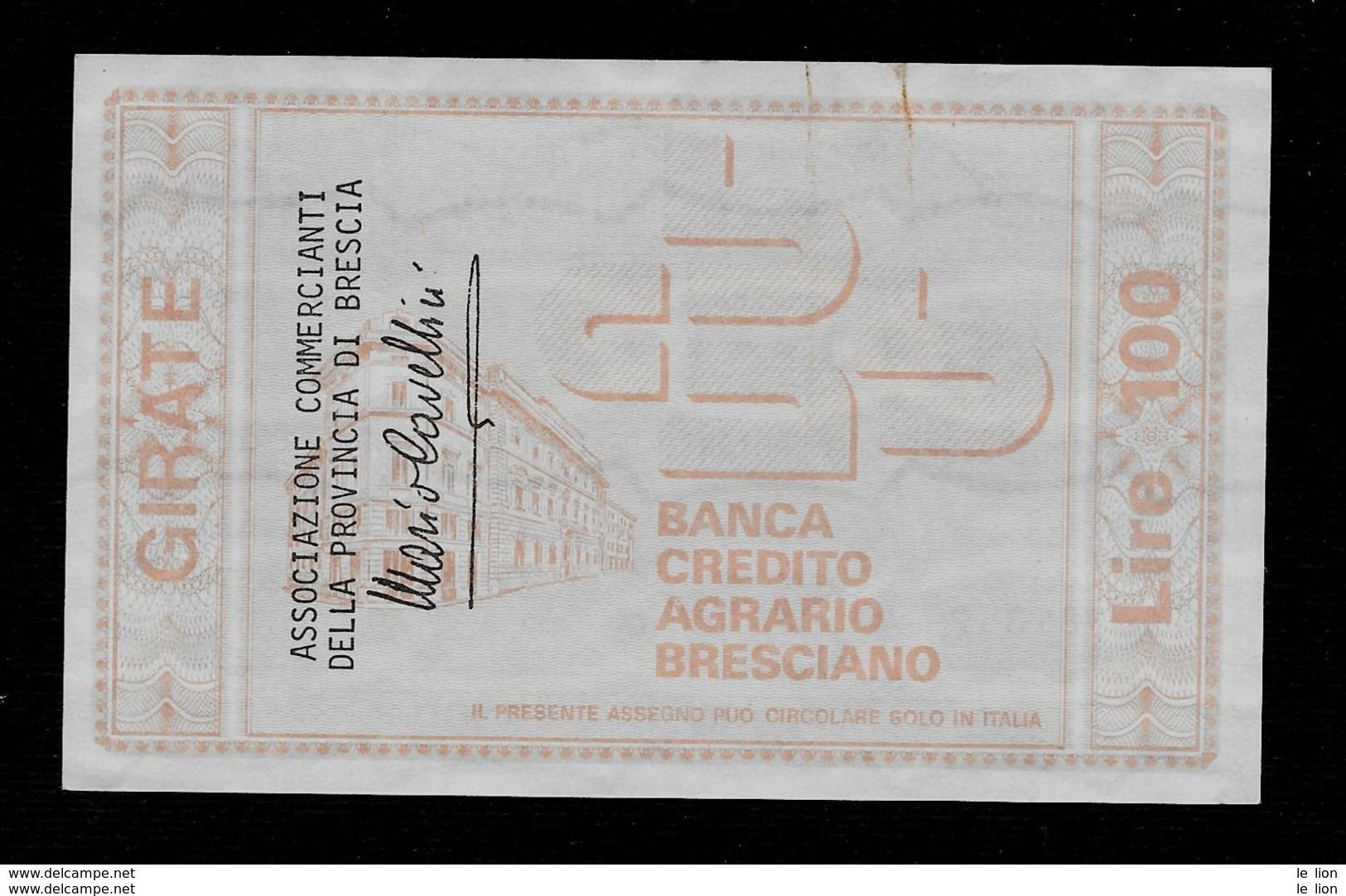 Mini Assegno BANCA CREDITO AGR BRESCIANO Ass Comm Prov Bs 100 Lire - FDS - [10] Cheques Y Mini-cheques