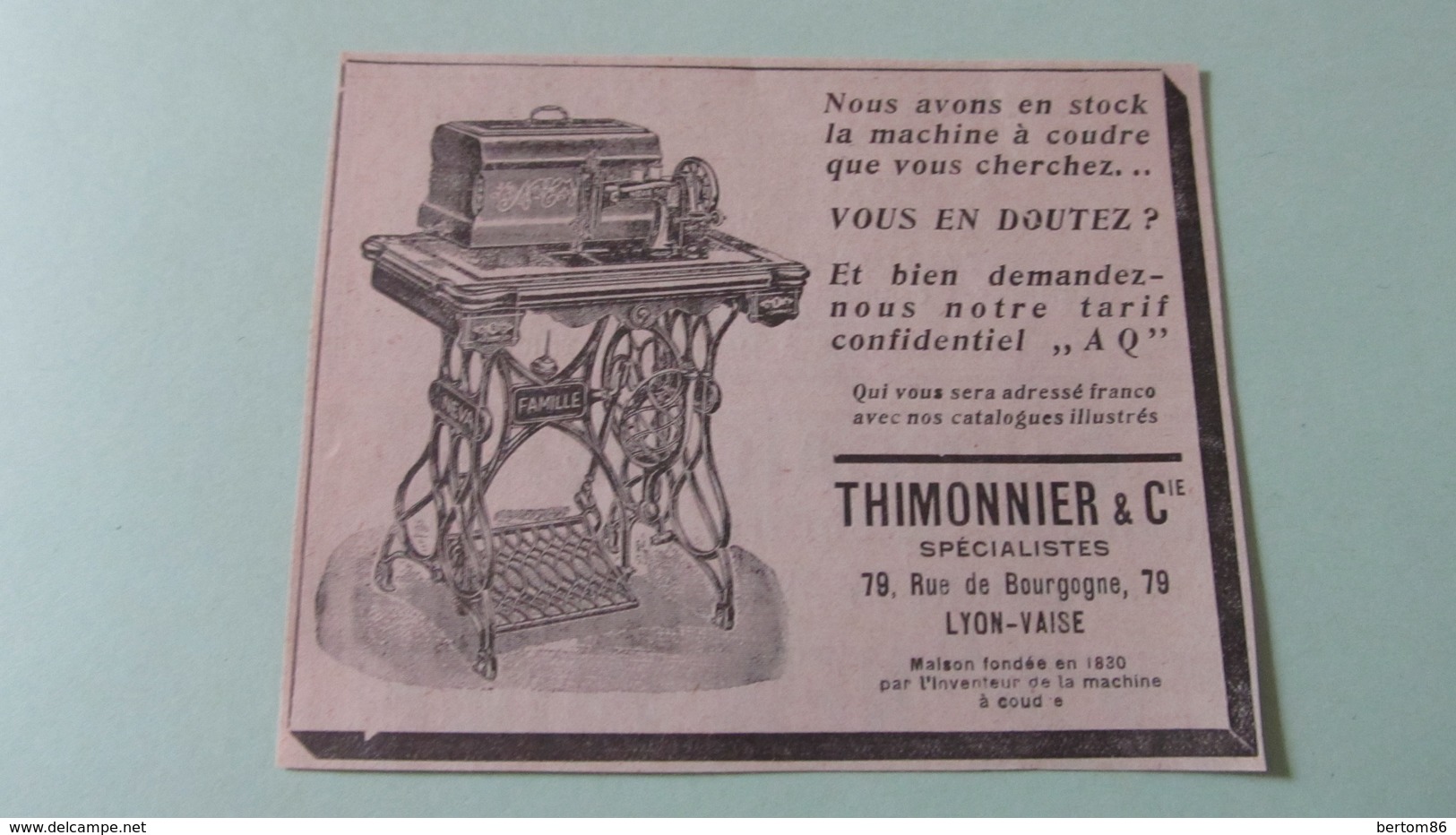 MACHINE A COUDRE THIMONNIER & Cie - LYON-VAISE - PUBLICITE DE 1925. - Publicidad