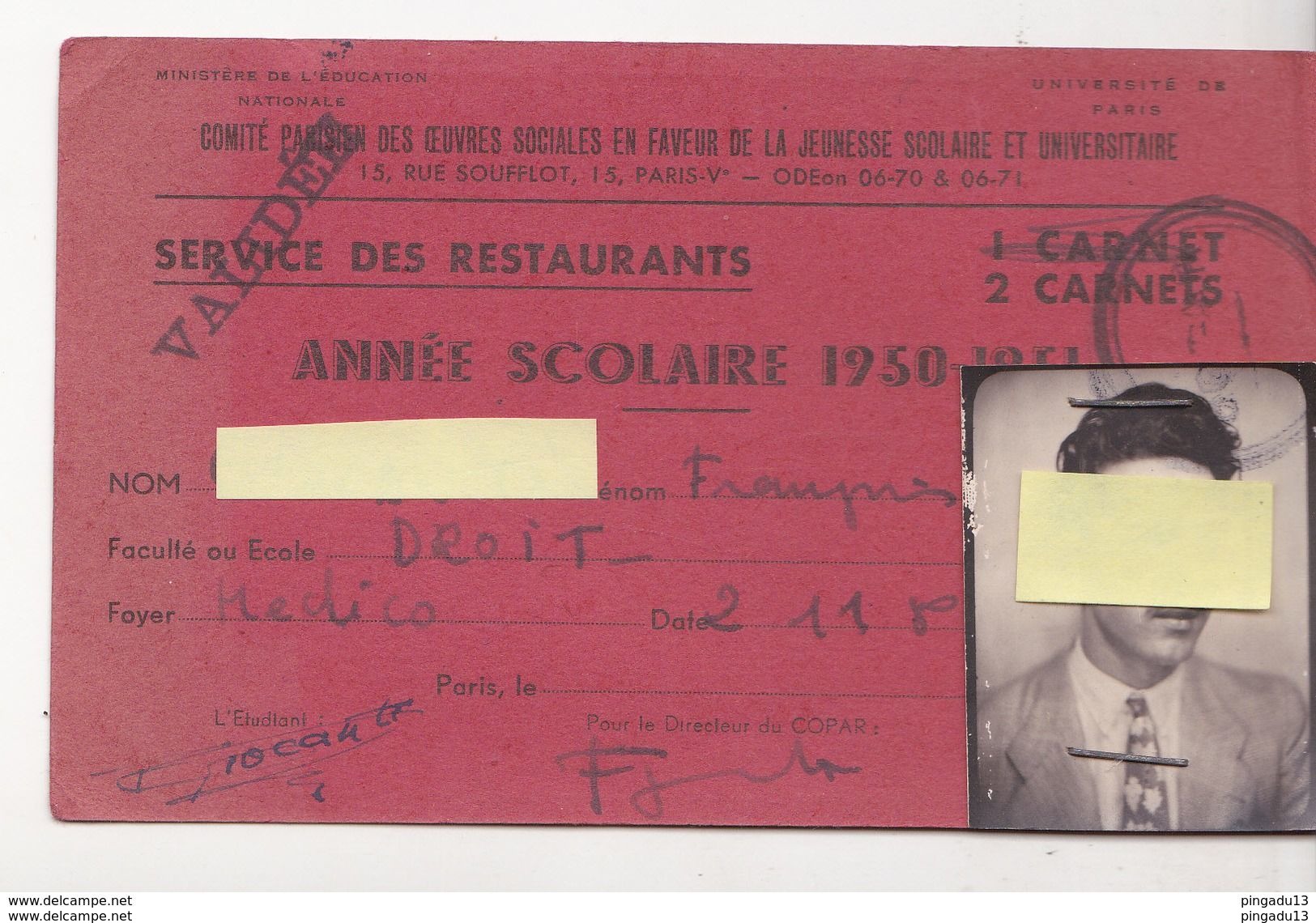 Au Plus Rapide Carte Service Restaurants Comité Parisien Oeuvres Sociales Jeunesse Scolaire Et Universitaire 1950-51 - Autres & Non Classés