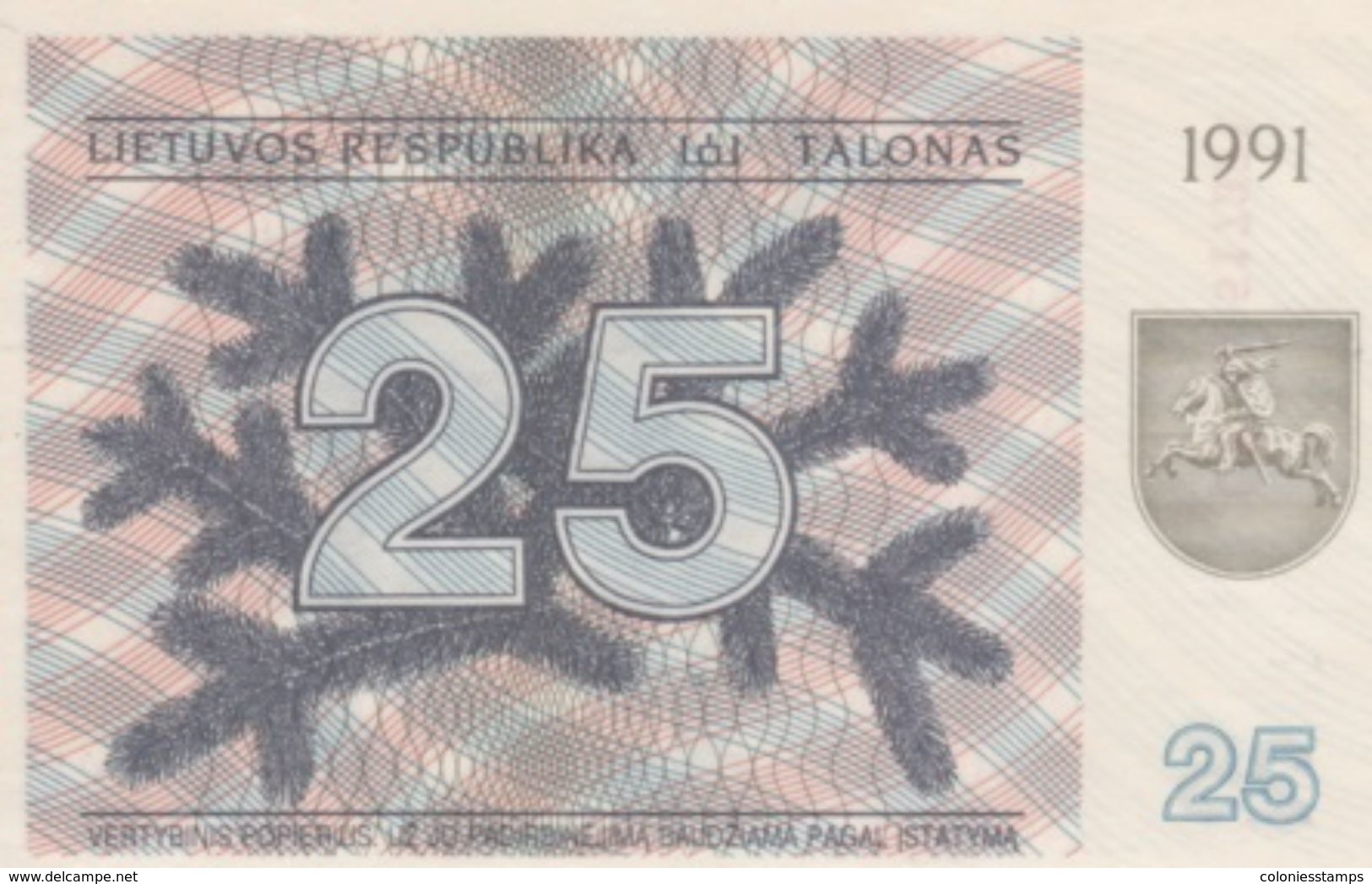 (B0729) LITHUANIA, 1991. 25 Talonas. P-36b. UNC - Lituanie