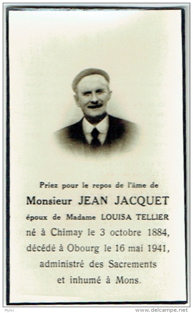Doodsprentje/Image Pieuse Mortuaire. Jacquet/Tellier. Chimay 1884/Obourg 1941. - Images Religieuses