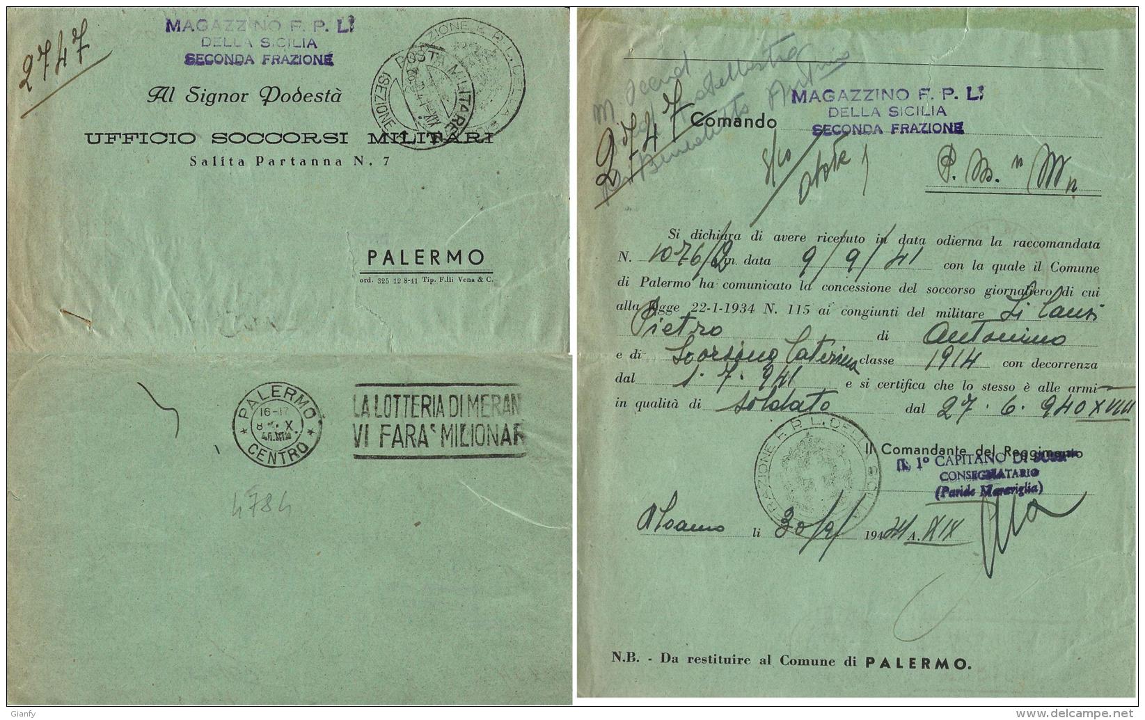 PIEGO POSTA MILITARE M SEZ A CONCEN MESSINA 1941 PALERMO - Military Mail (PM)