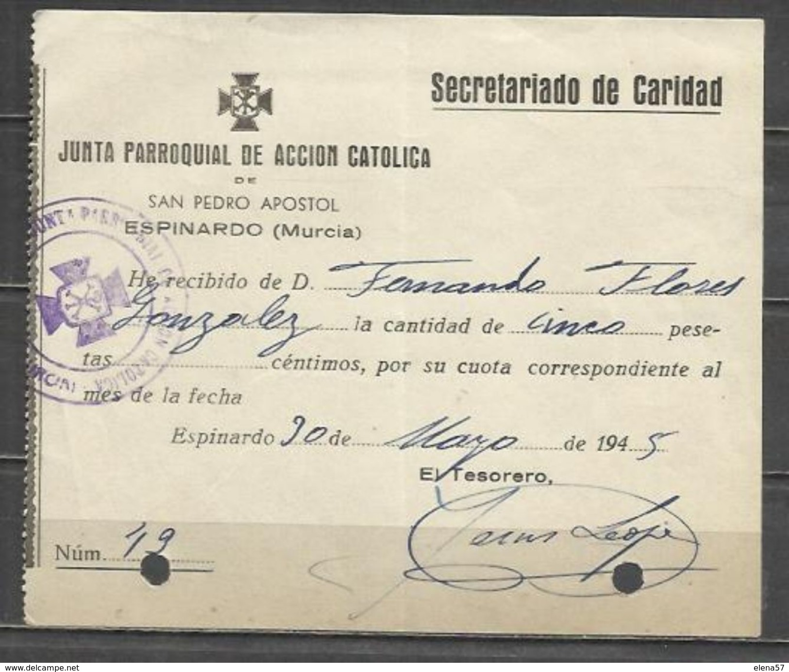 W1A-DOCUMENTO CUOTA MURCIA ESPINARDO JUNTA PARROQUIAL ACCION CATOLICA 1945 JUNTA PARROQUIAL ACCION CATOLICA DE SAN PEDRO - Documentos Históricos