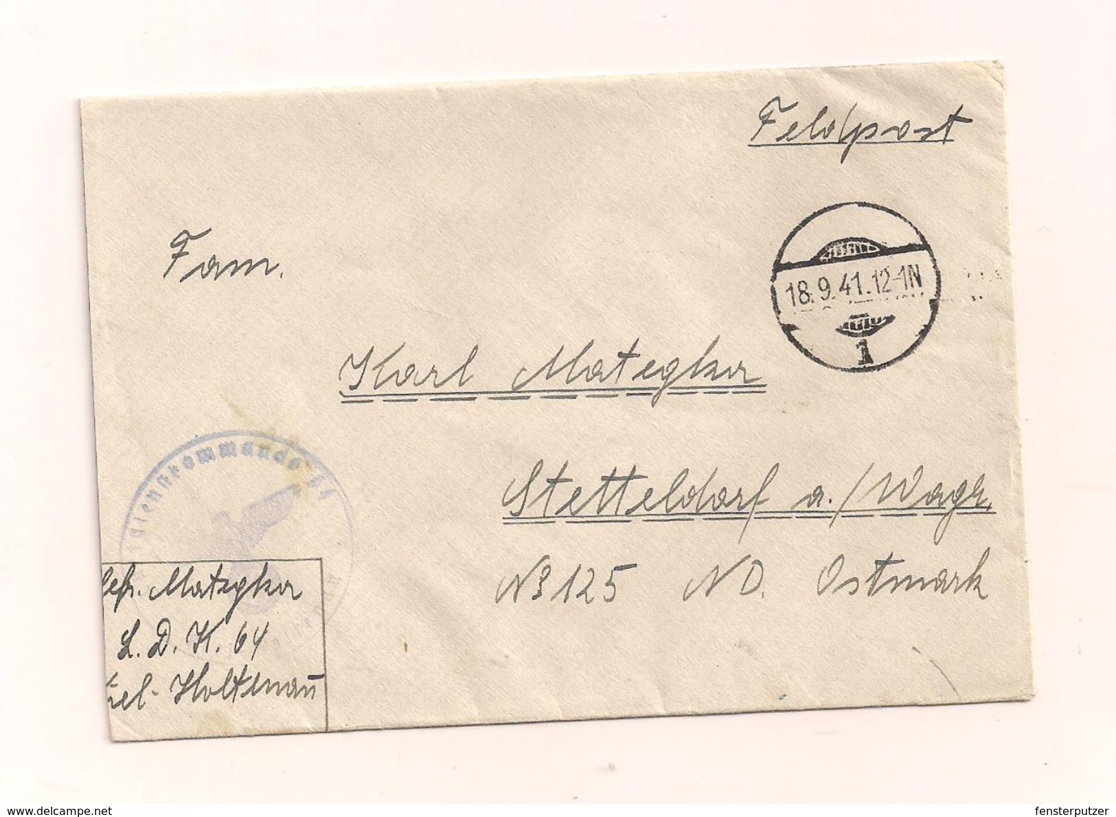 Feldpostbrief Ohne Inhalt 18.9.1941 Von L.D.K 64 Nach Stetteldorf A/ Wagram ND Ostmark - Covers & Documents