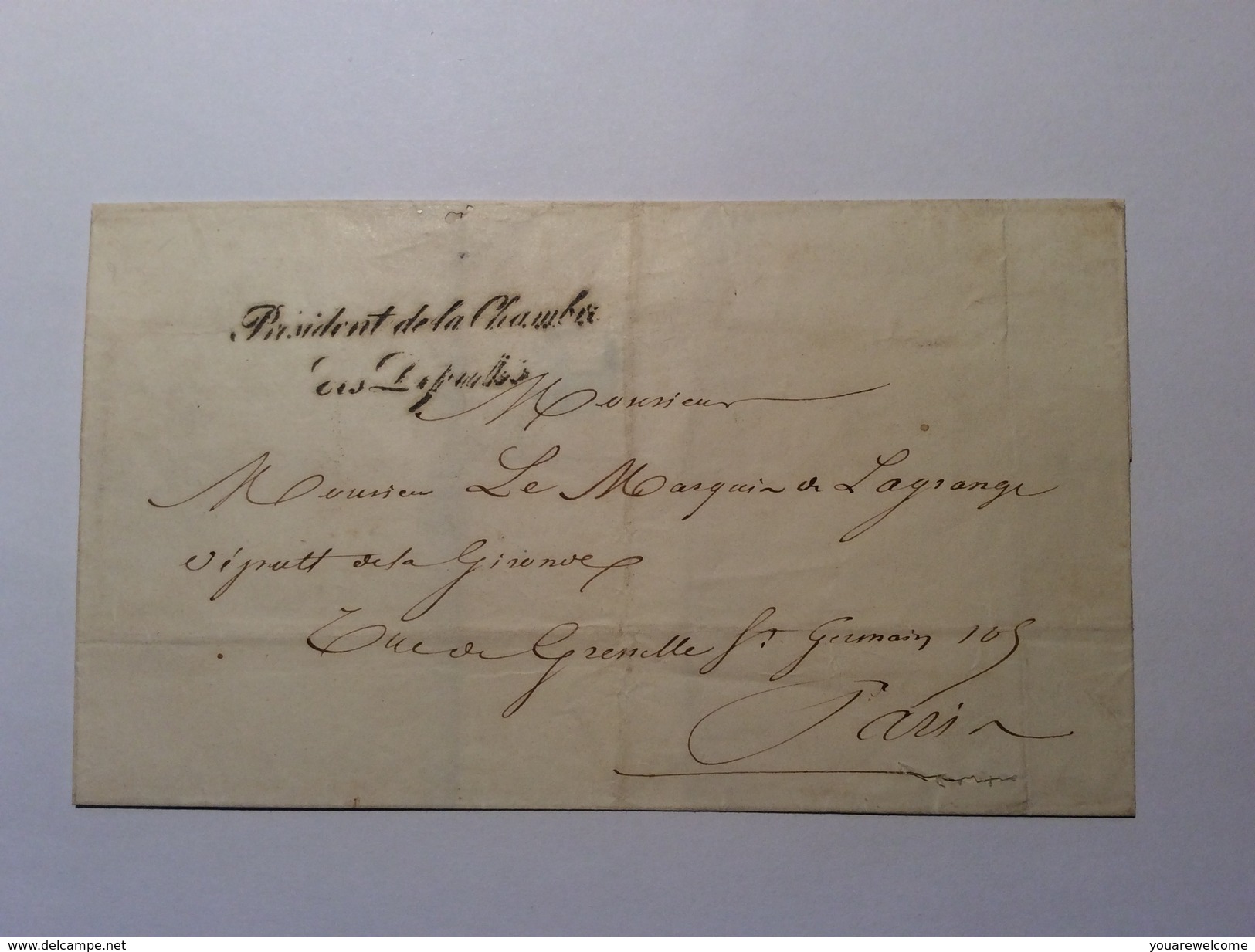 France Franchise "PRESIDENT DE LA CHAMBRE DES DÉPUTÉS" (1838-44) Lettre > Mr Marquis E.L. De La Grange Député Gironde - 1849-1876: Klassik