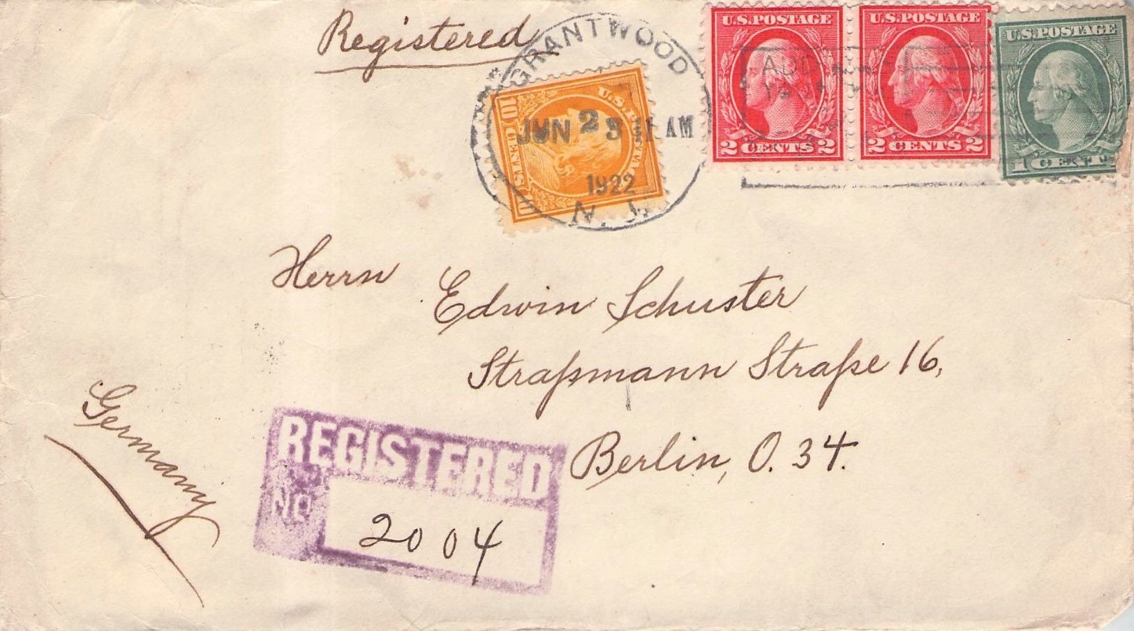 USA - RECO 1922 GRANTWOOD -> BERLIN - Lettres & Documents