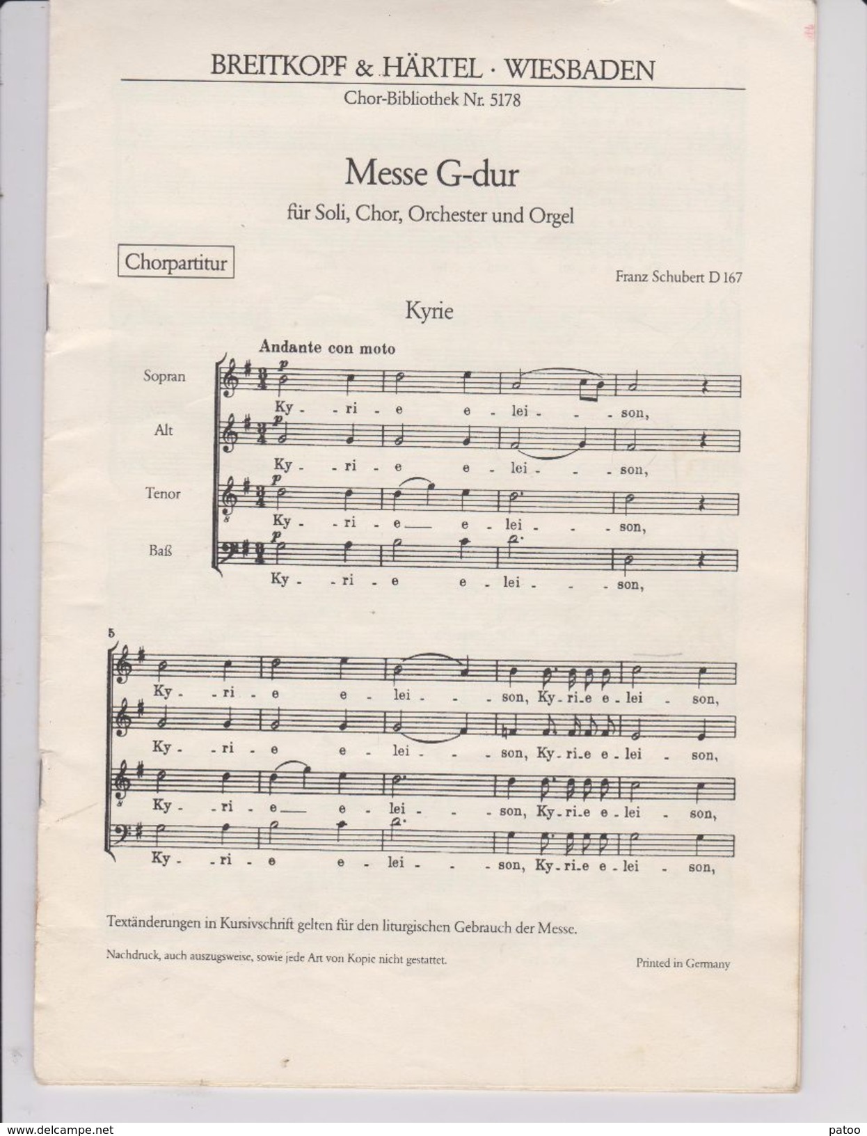 PARTITION  MESSE G-DUR  FRANZ  SCHUBERT D 167 POUR SOPRANO,ALTO,TENOR ET BASSE - Canto (corale)