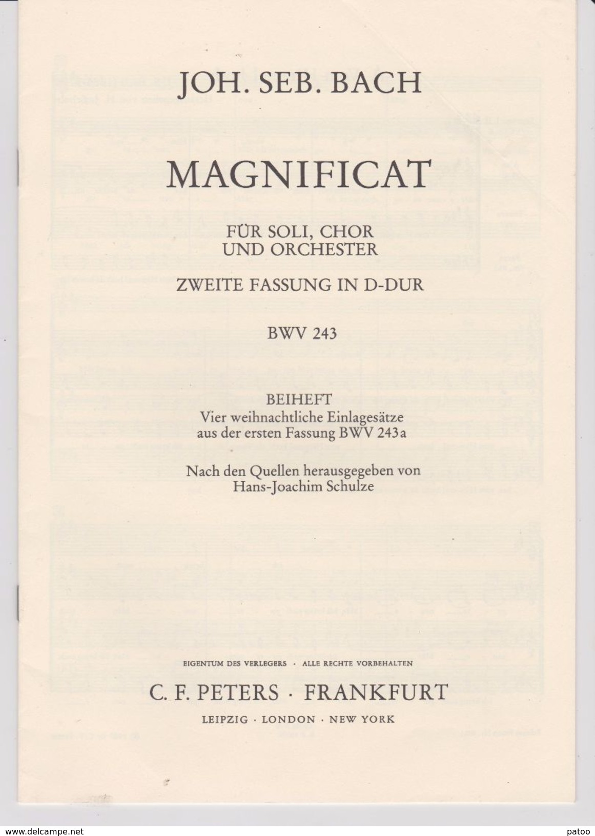 PARTITION  MAGNIFICAT  JOH. SEB. BACH  BWV 243  / 4 PARTIES ( Cf Scan )    POUR SOPRANO,ALTO,TENOR , BASSE  ET ORGUE - Canto (corale)