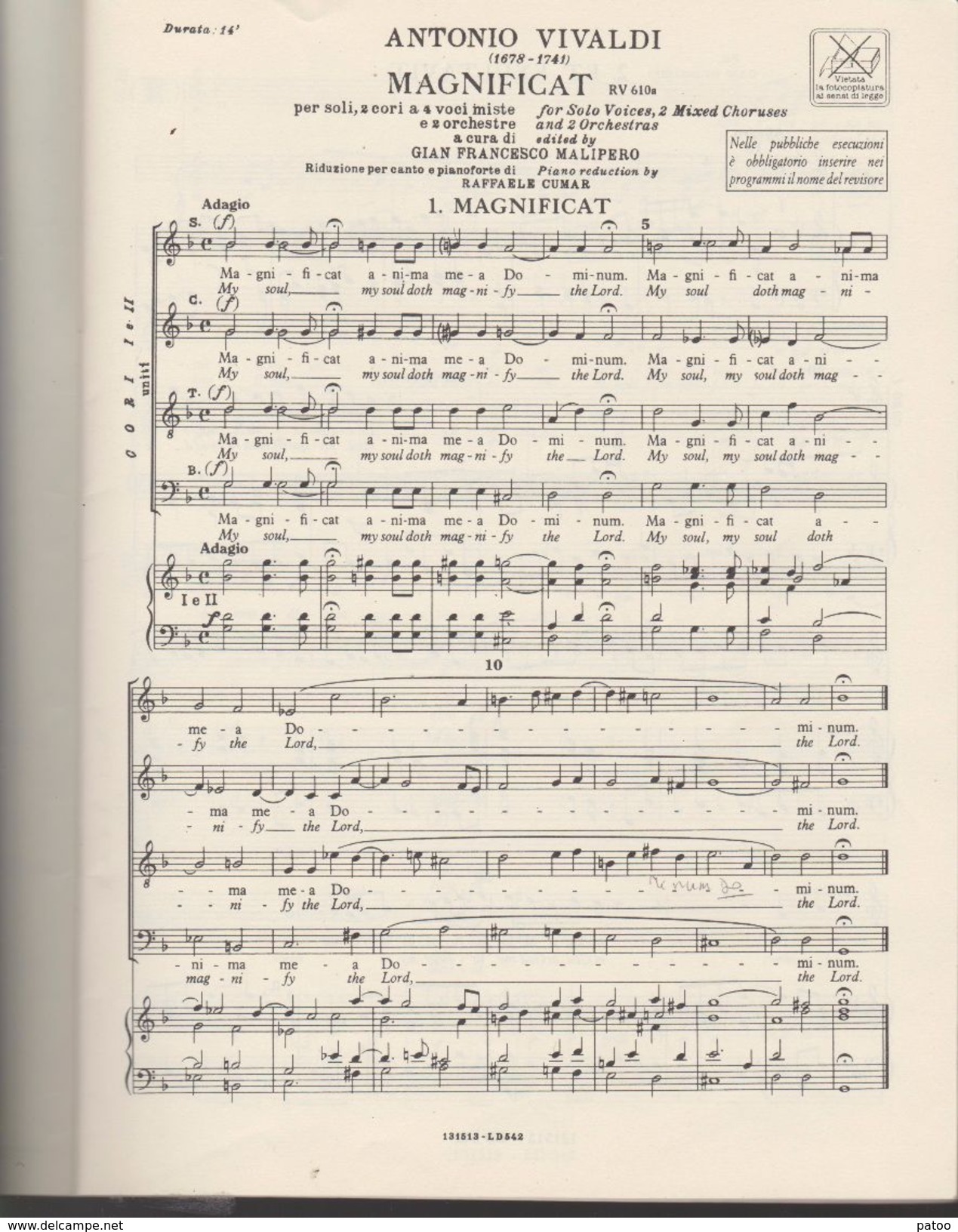 PARTITION  MAGNIFICAT  ANTONIO VIVALDI RV 610a-611    POUR SOPRANO,ALTO,TENOR , BASSE  ET PIANOFORTE - Chant Chorale