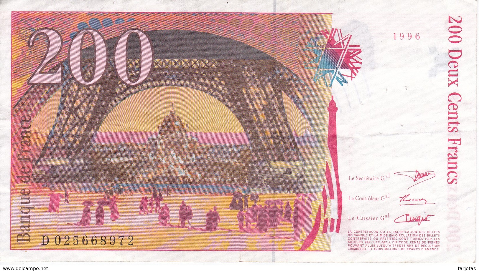 BILLETE DE FRANCIA DE 200 FRANCOS DEL AÑO 1996 DE EIFFEL  (BANKNOTE) - 200 F 1995-1999 ''Eiffel''