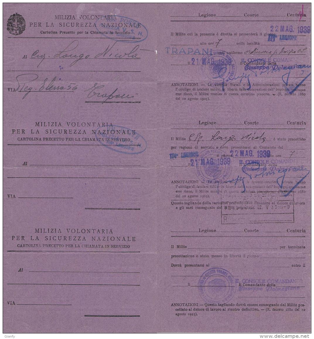 MVSN 174a LEGIONE TRAPANI CARTOLINA PRECETTO INTEGRA 1939 - Poste Militaire (PM)