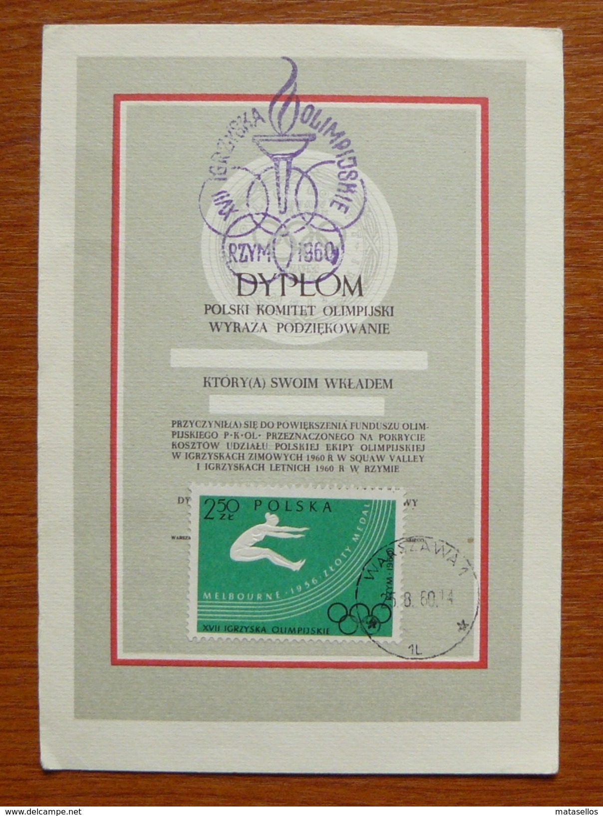 Tarjeta Olimpiadas - Polska - Melbourne 1956 - Estate 1956: Melbourne