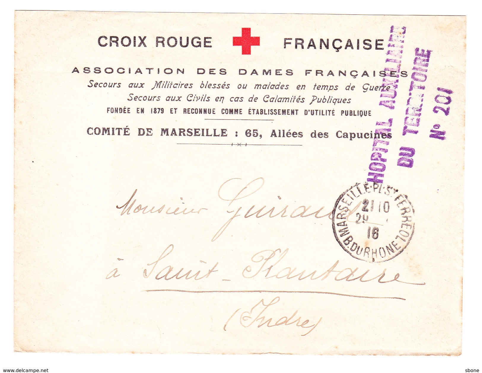 Lettre - Franchise Militaire - Croix Rouge Française - Marseille - Hôpital Auxiliaire Du Territoire N°201 - Lettres & Documents