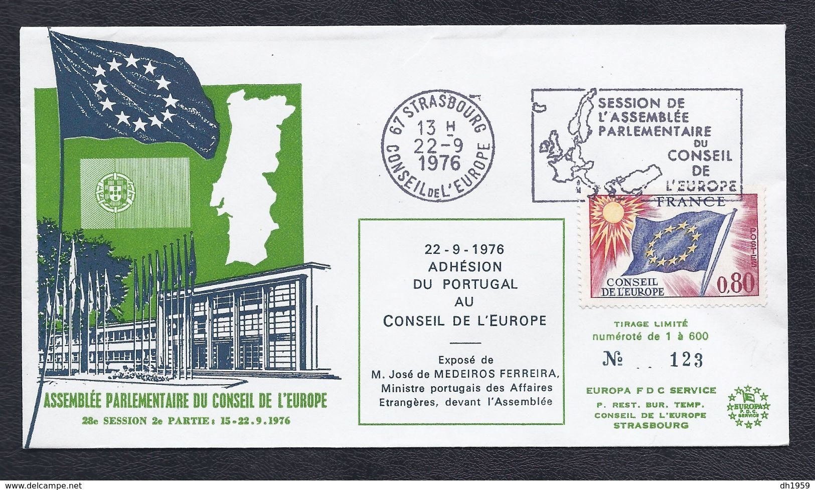 22.9.1976 ADHESION PORTUGAL MEDEIROS FERREIRA MINISTRE CONSEIL EUROPE STRASBOURG TIRAGE LIMITE 700 Ex. - Lettres & Documents