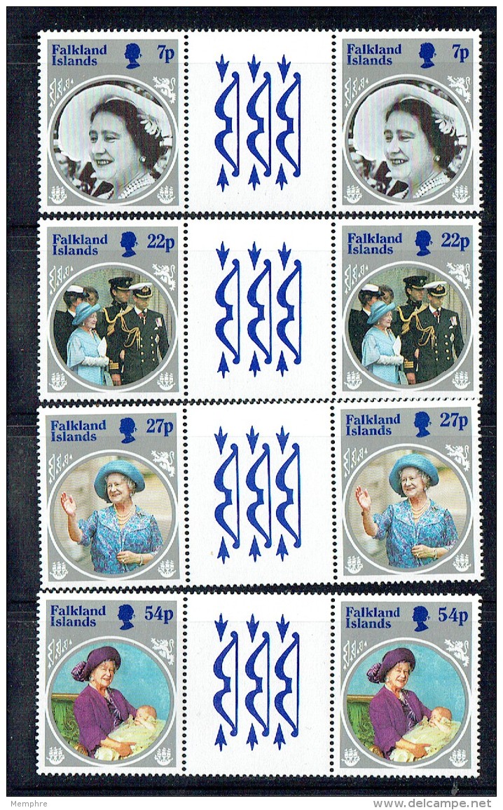 1985  Queen Mother 85th Birthday, Pairs With Gutter  Complete Set UM** - Falkland Islands