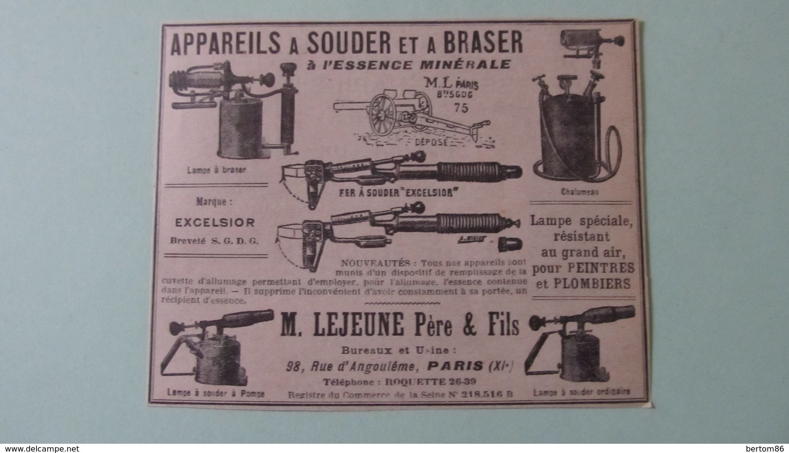 APPAREILS A SOUDER ET A BRASER à L'ESSENCE MINERALE - LEJEUNE Père Et Fils -PARIS  -  PUBLICITE DE 1925 - Publicités