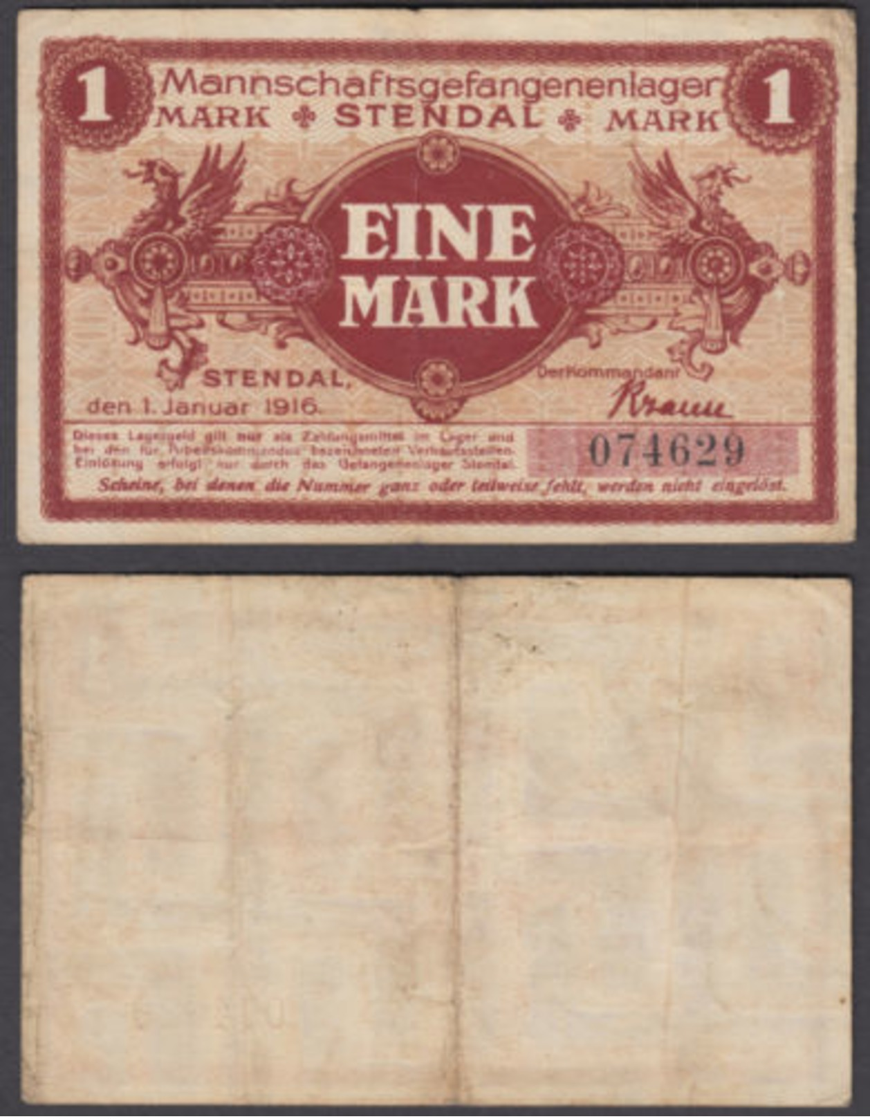 Germany 1 Mark 1916 (VF) Condition Banknote Stendal LAGER POW CAMP - Otros & Sin Clasificación