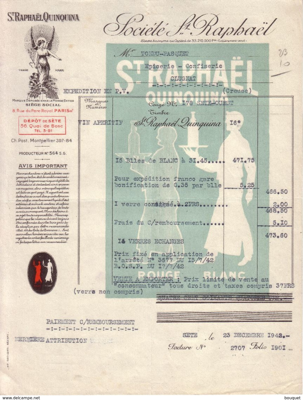 PARIS - DEPÔT DE SETE , CETTE , HERAULT - APERITIF - ST RAPHAËL QUINQUINA - SOCIETE SAINT RAPHAËL - LETTRE - 1942 - 1900 – 1949