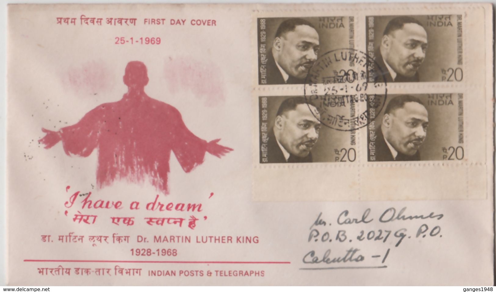 India  1969  Martin Luther King  Block Of 4  CALCUTTA  FDC  # 88840  Inde Indien - Martin Luther King