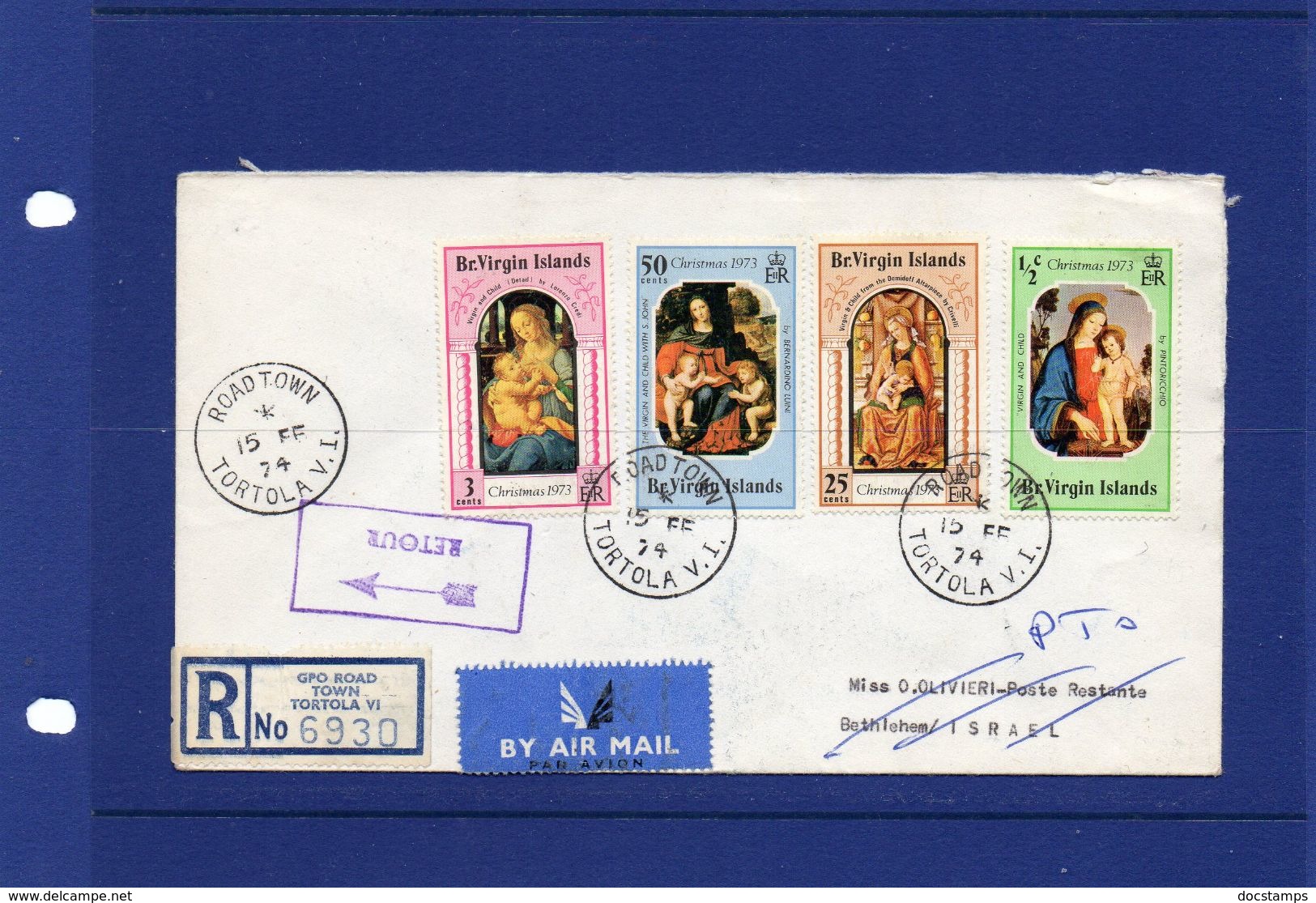 POSTAL HISTORY  15 - 2 -1974 TORTOLA -   AIRMAIL REGISTERED  COVER TO ISRAEL RTS TO ITALY - British Virgin Islands