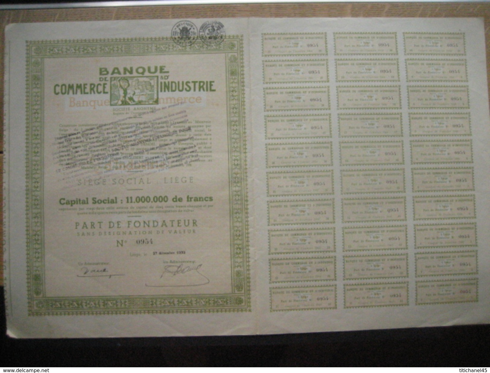 Action 1932 LIEGE - BANQUE DE COMMERCE ET D'INDUSTRIE - Part De Fondateur - Banque & Assurance