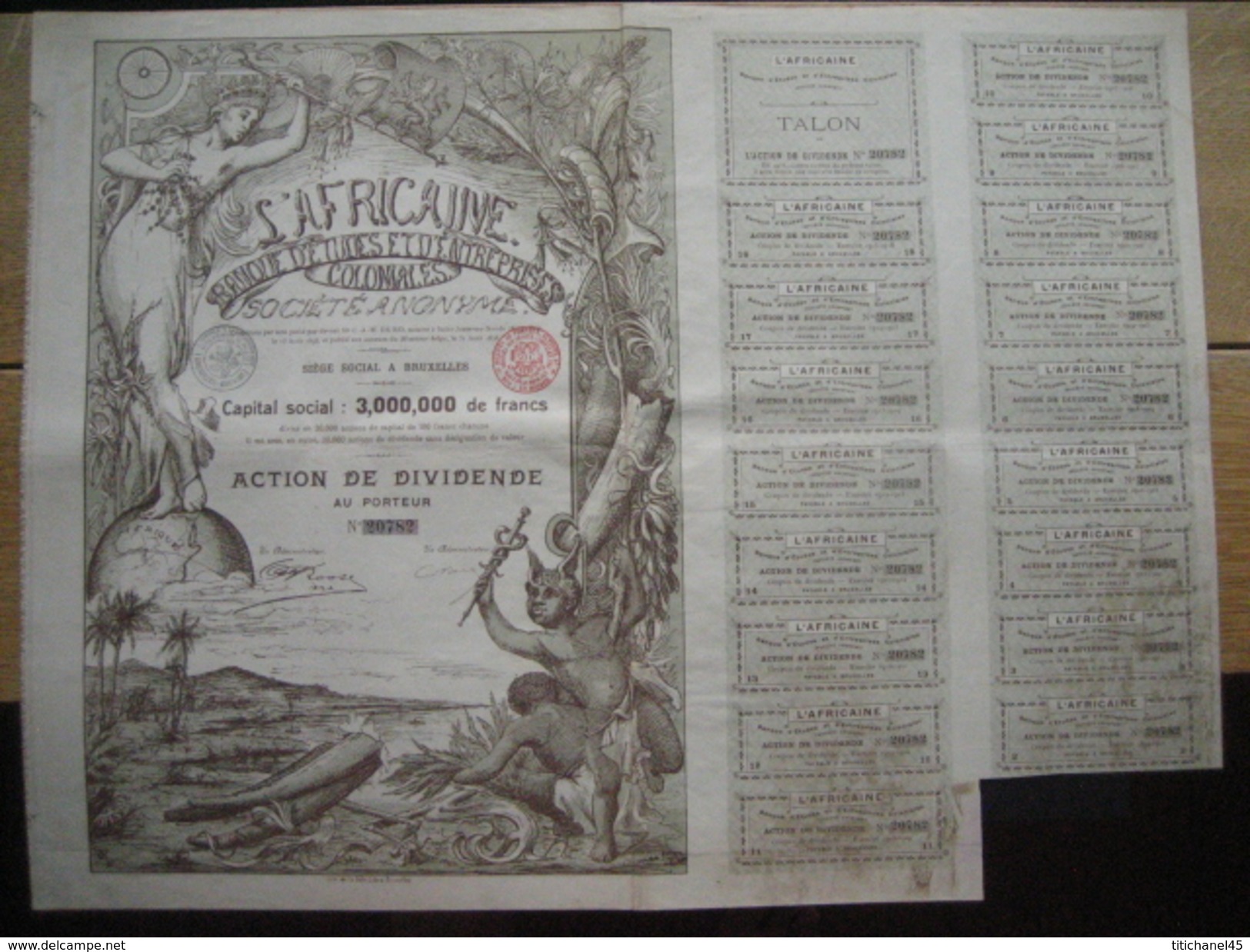 Action 1898 BRUXELLES - L'AFRICAINE, BANQUE D'ETUDES ET D'ENTREPRISES COLONIALES - Superbement Décorée - Banque & Assurance