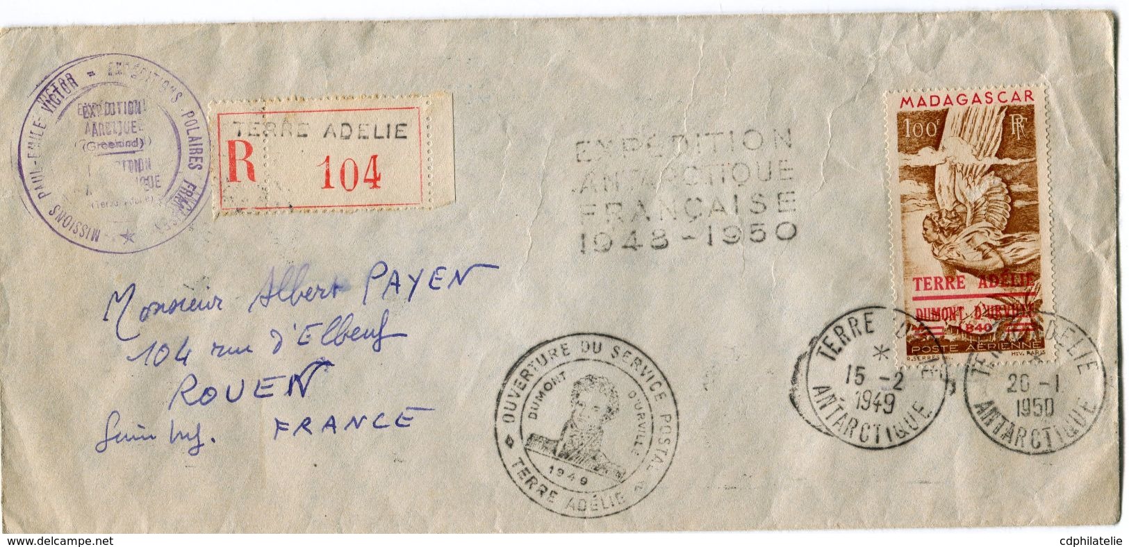 T.A.A.F LETTRE RECOMMANDEE  AFFRANCHIE AVEC LE PA 1 AVEC CACHET EXPEDITION ANTARCTIQUE FRANCAISE 1948-1950 +............ - ...-1955 Voorfilatelie