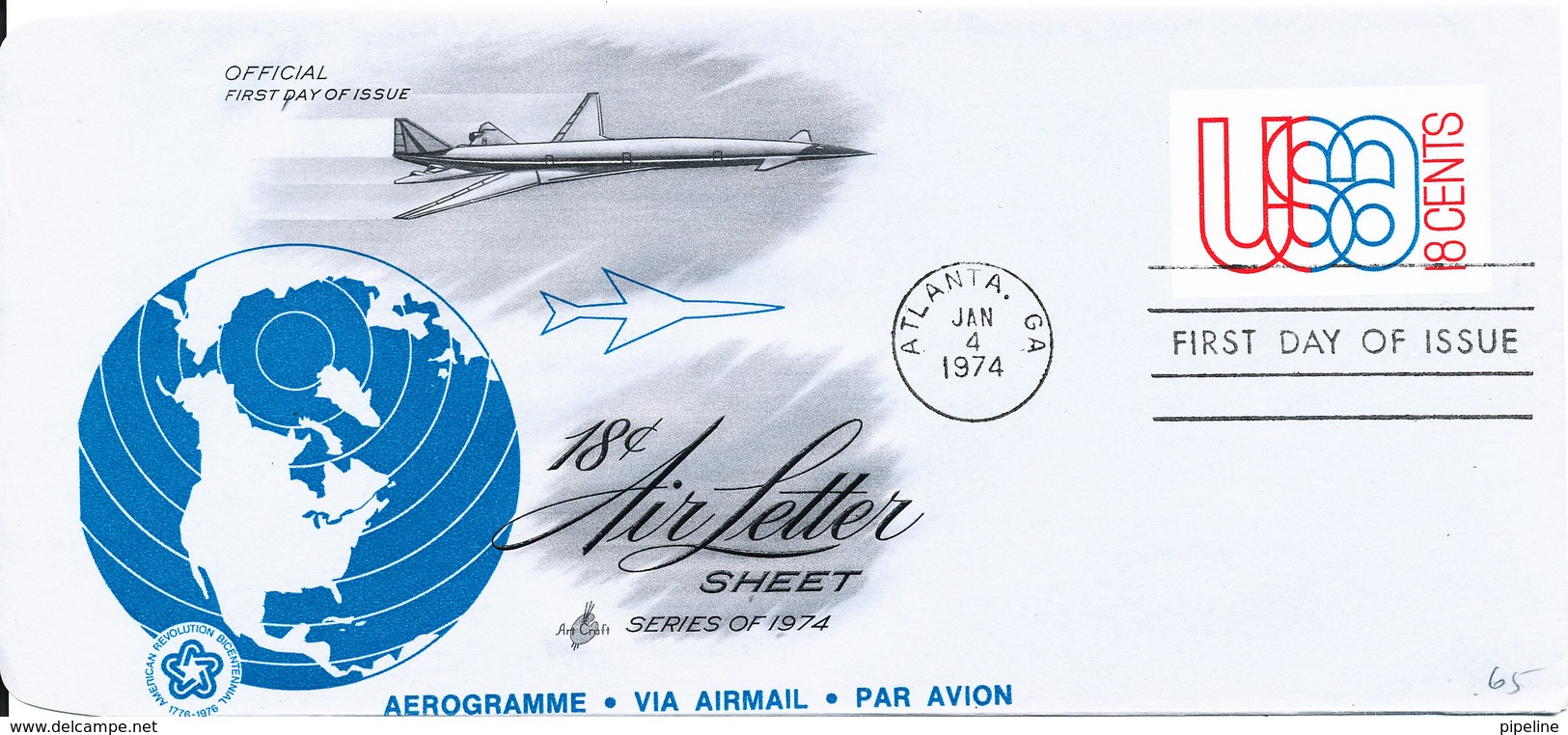 USA FDC Aerogramme 4-1-1974 18 C. Airmail Art Craft Cachet - 1961-80