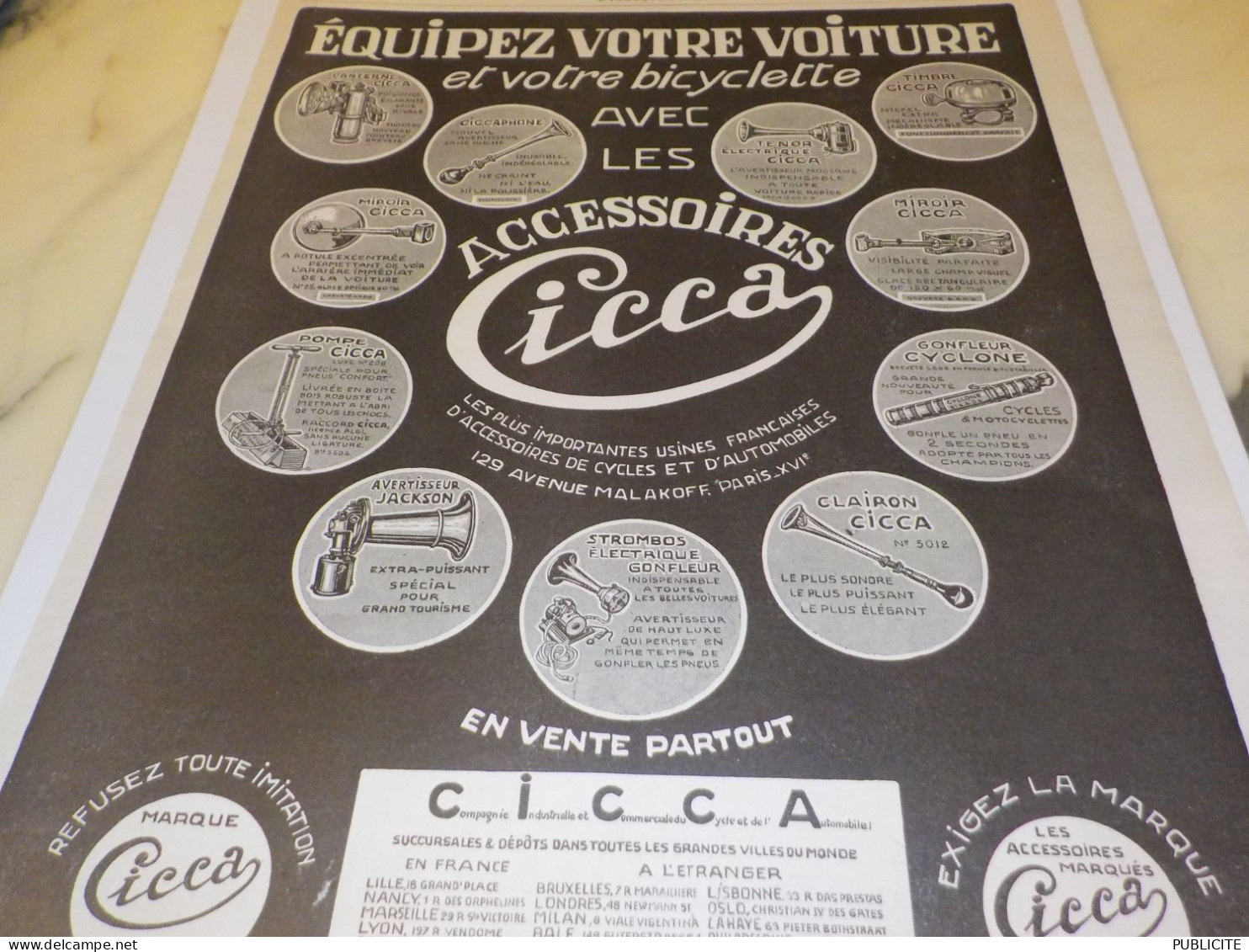 ANCIENNE PUBLICITE EQUIPEZ VOTRE VOITURE ET VOTRE BICYCLETTE CICCA 1925 - Voitures