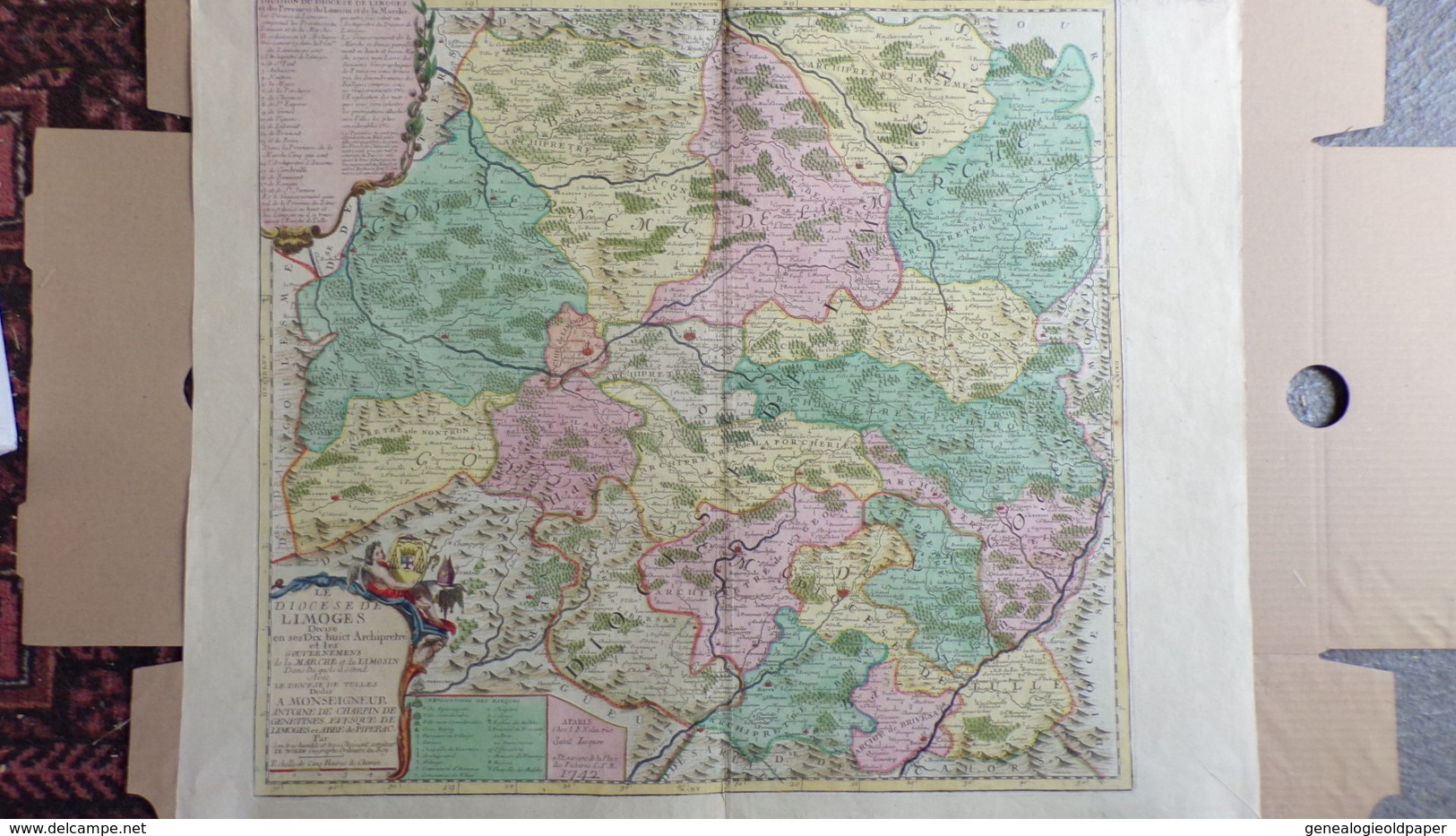 AFFICHE -CARTE ORIGINALE GEOGRAPHIQUE DIOCESE LIMOGES-1742- A MONSEIGNEUR ANTOINE DE CHARPIN DE GENETINES- ABBE PIPERAC - Topographische Karten