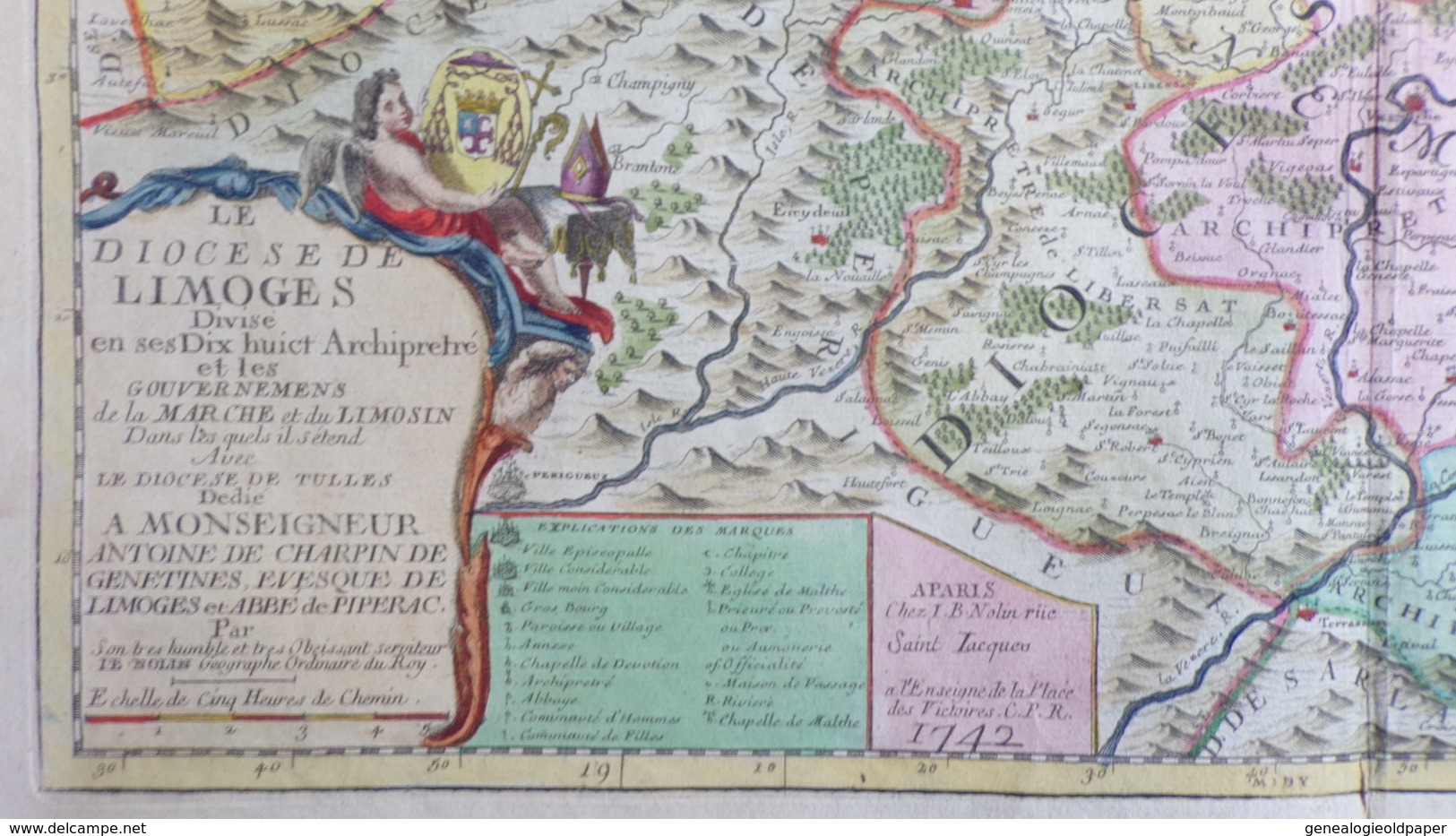 AFFICHE -CARTE ORIGINALE GEOGRAPHIQUE DIOCESE LIMOGES-1742- A MONSEIGNEUR ANTOINE DE CHARPIN DE GENETINES- ABBE PIPERAC - Topographical Maps