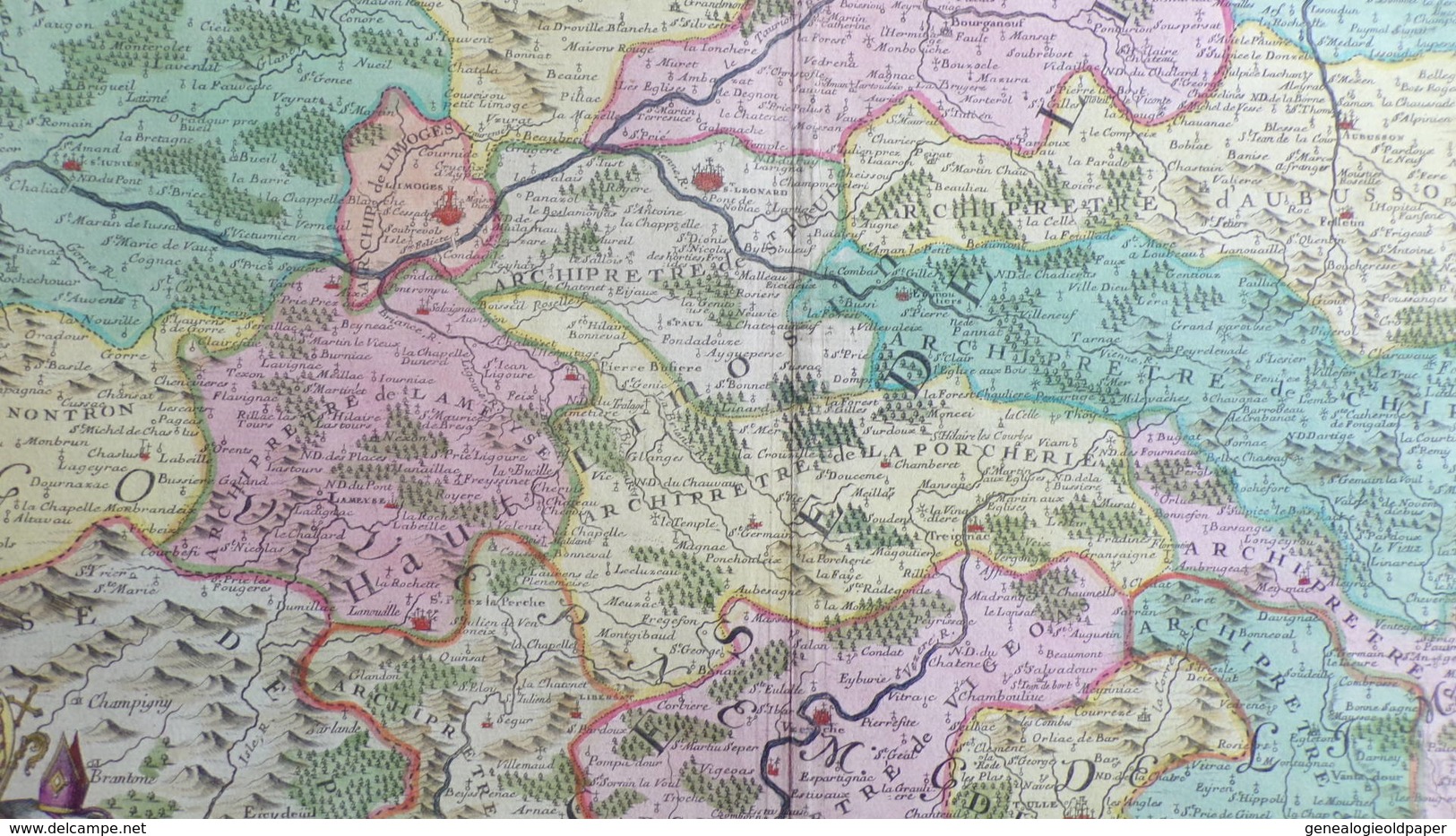 AFFICHE -CARTE ORIGINALE GEOGRAPHIQUE DIOCESE LIMOGES-1742- A MONSEIGNEUR ANTOINE DE CHARPIN DE GENETINES- ABBE PIPERAC - Topographische Karten