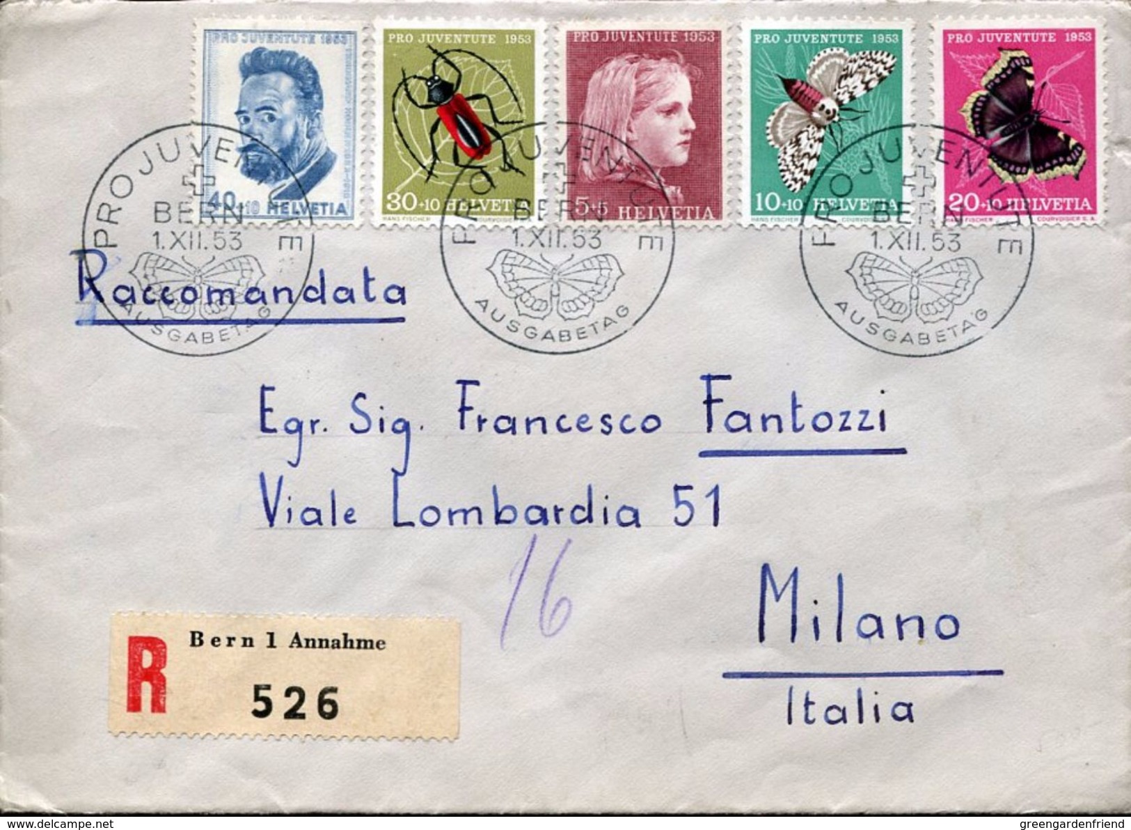 23427 Switzerland, Fdc Circuled Registered Pro Juventute 1953, Butterfly, Papillons,  Schmetterlinge, Ferdinand Hodler - Lettres & Documents