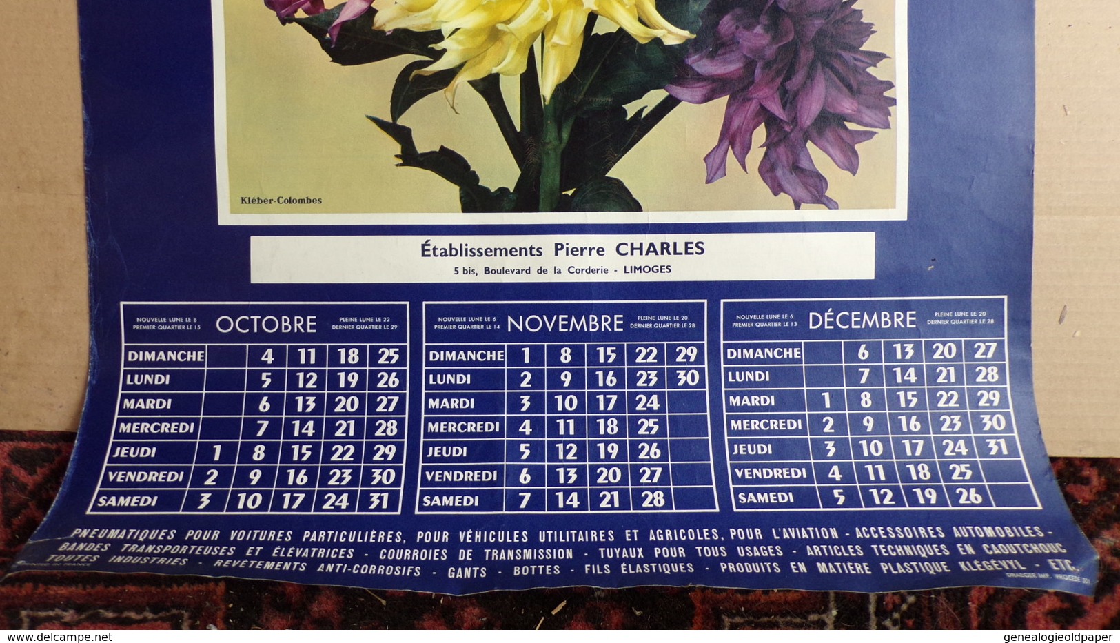 87- LIMOGES- 92- AFFICHE KLEBER COLOMBES 1953-ETS. PIERRE CHARLES 5 BD CORDERIE-OCTOBRE NOVEMBRE DECEMBRE 1953 - Plakate