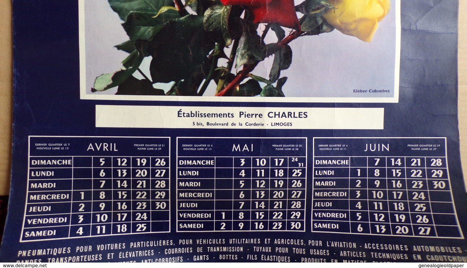 87- LIMOGES- 92- AFFICHE KLEBER COLOMBES 1953-ETS. PIERRE CHARLES 5 BD CORDERIE-AVRIL MAI JUIN 1953 - Plakate
