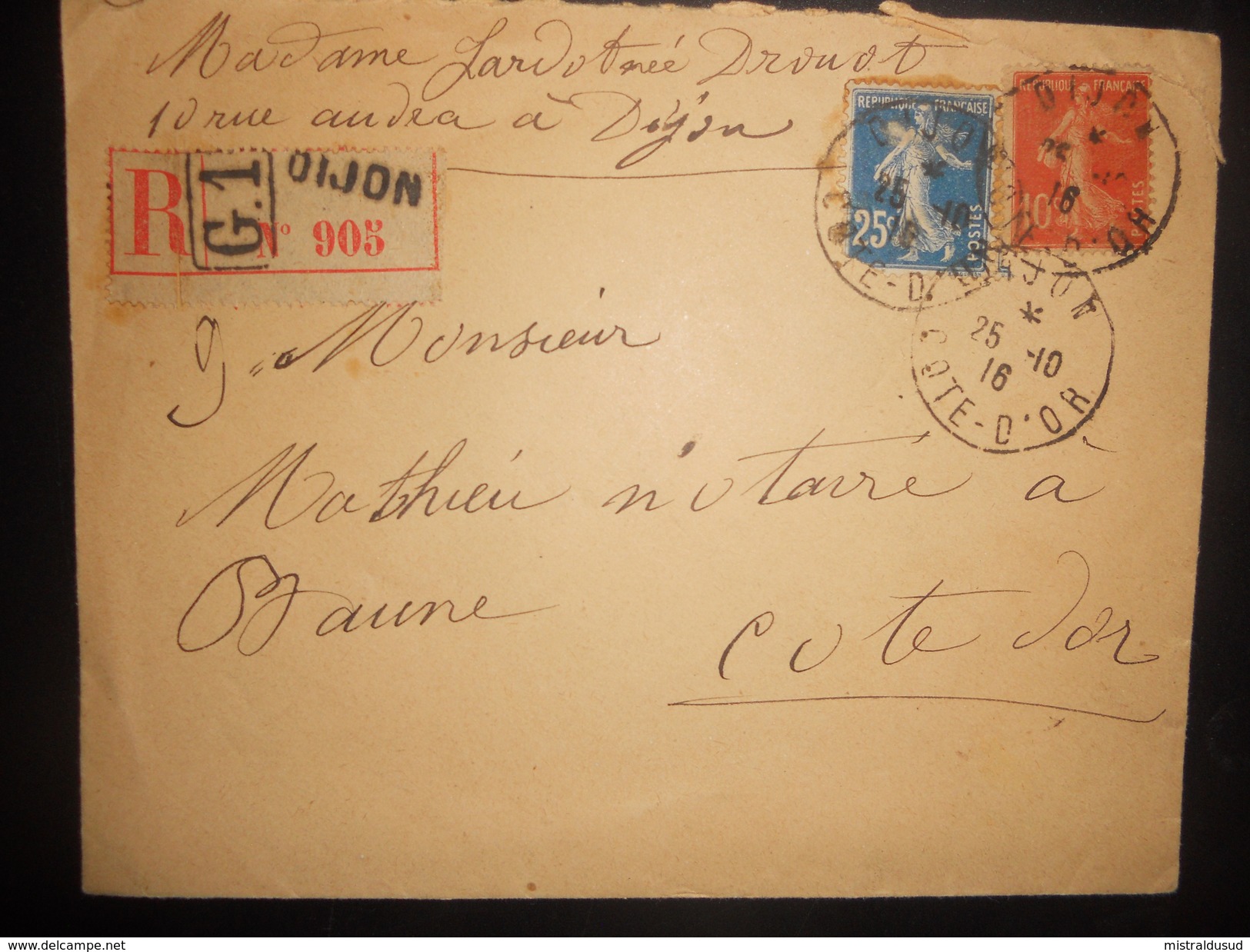 France Semeuse Camee , Lettre Recommande De Dijon 1916 Pour Beaune - 1906-38 Säerin, Untergrund Glatt