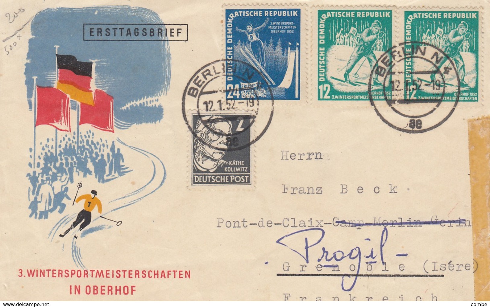 FRONT COVER. 12 1 1952. Mi 299-298 PAAR.  3. WINTERSPORTMEISTERSCHAFTEN IN OBERHOF. BERLIN TO GRENOBLE - Briefe U. Dokumente