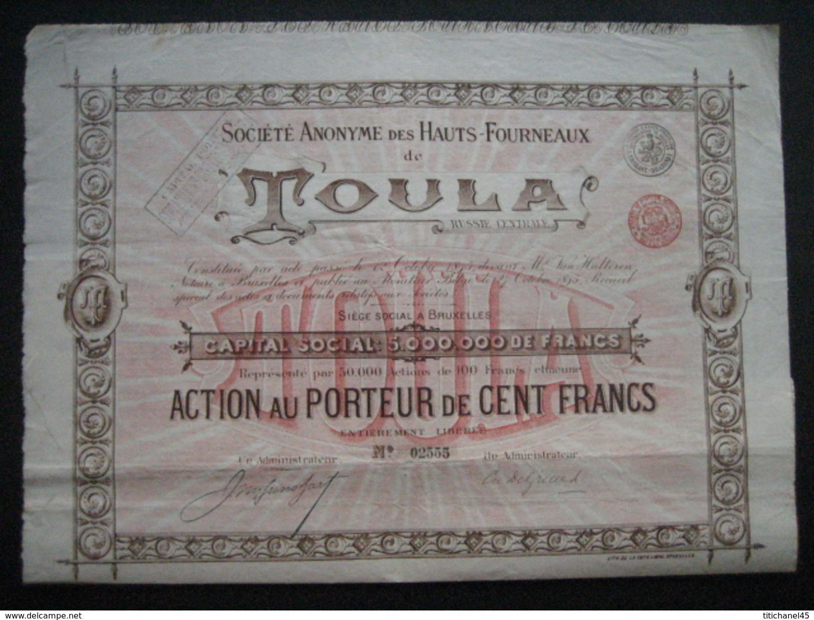 Lot De 5 Actions De 1895 BRUXELLES - SOCIETE ANONYME DES HAUTS FORNEAUX DE TOULA (RUSSIE CENTRALE) - Russie