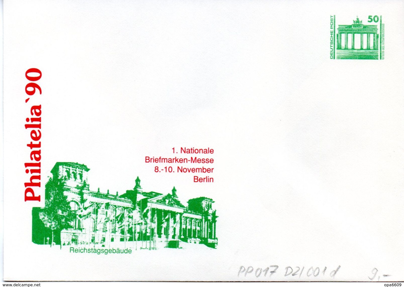 DDR Privatganzs.-Umschlag  PU 017 D2/001-d Wz 50(Pf) "PHILATELIA ´90 - Reichstagsgebäude", Ungebraucht - Sobres Privados - Nuevos