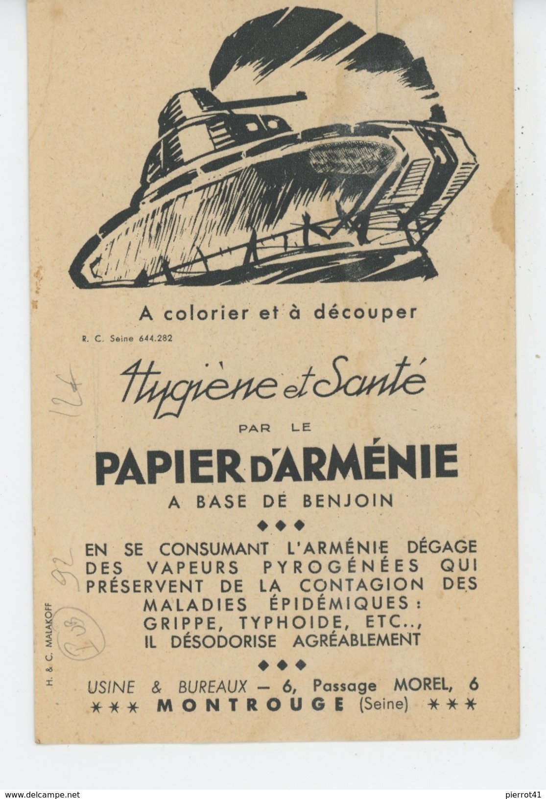 PUBLICITÉ - HYGIENE ET SANTE - Jolie Carte Pub PAPIER D'ARMENIE - Usine & Bureaux à MONTROUGE Près PARIS - Publicité