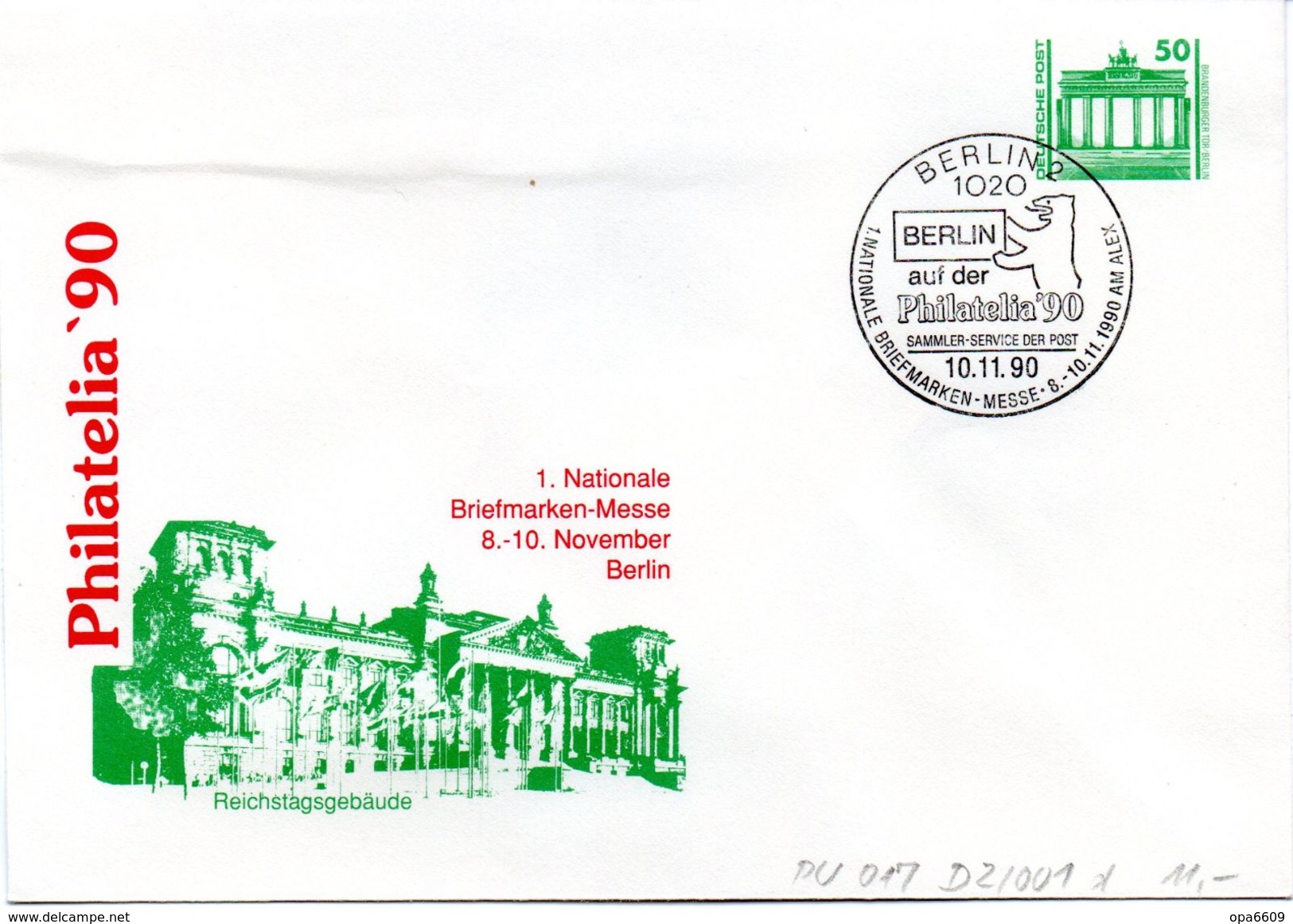 DDR Privatganzs.-Umschlag  PU 017 D2/001-d Wz 50(Pf) "PHILATELIA ´90 - Reichstagsgebäude", SSt 10.11.90 BERLIN - Enveloppes Privées - Oblitérées