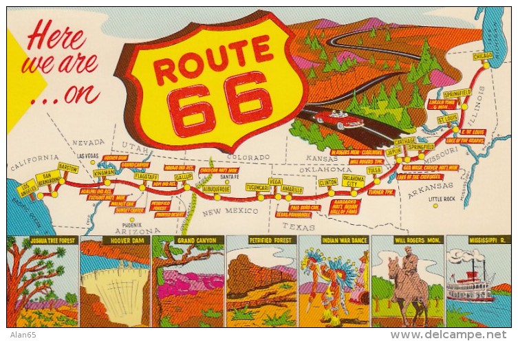 Route 66 Map And Greeting Famous Scene From Road, C1950s/60s Vintage Postcard - Route ''66'