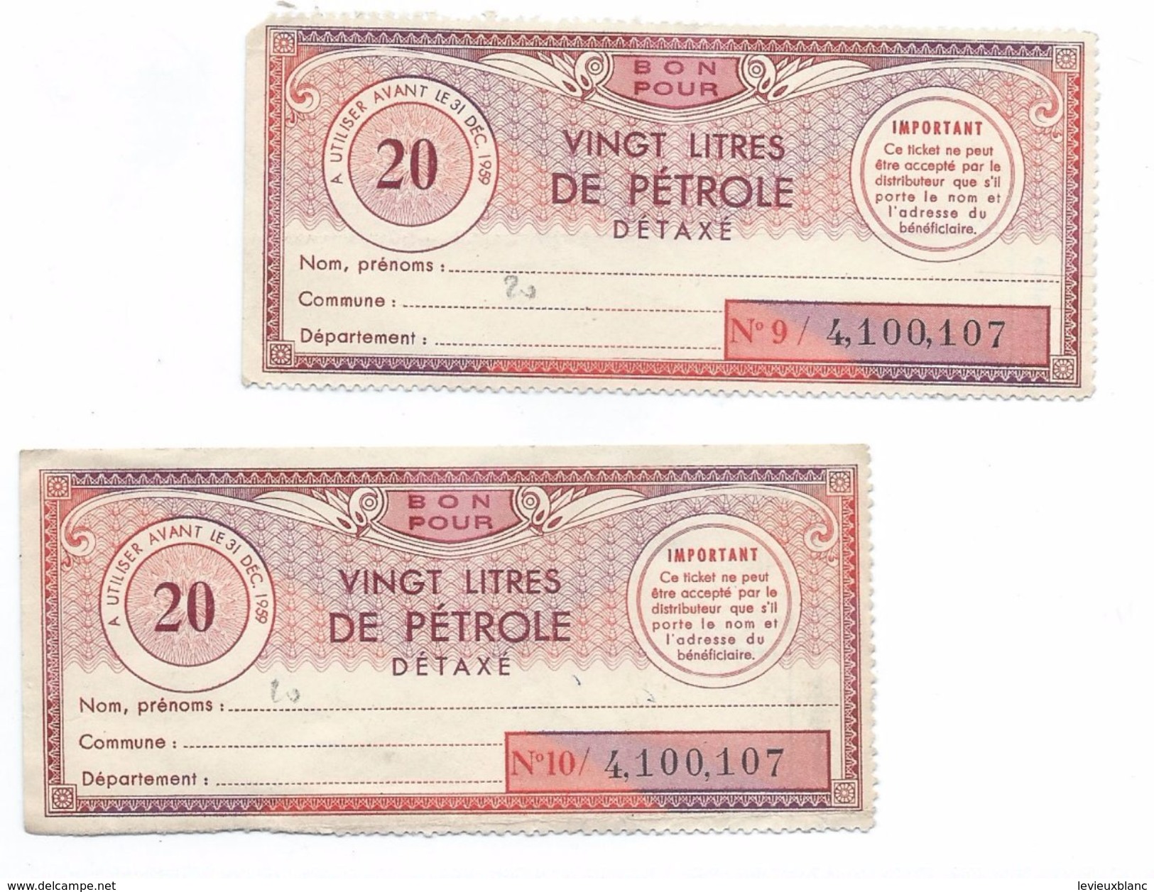 Libération/Tickets De Rationnement/2  Tickets/20 Litres De Pétrole Détaxé / Années 1950       OL101 - Documents