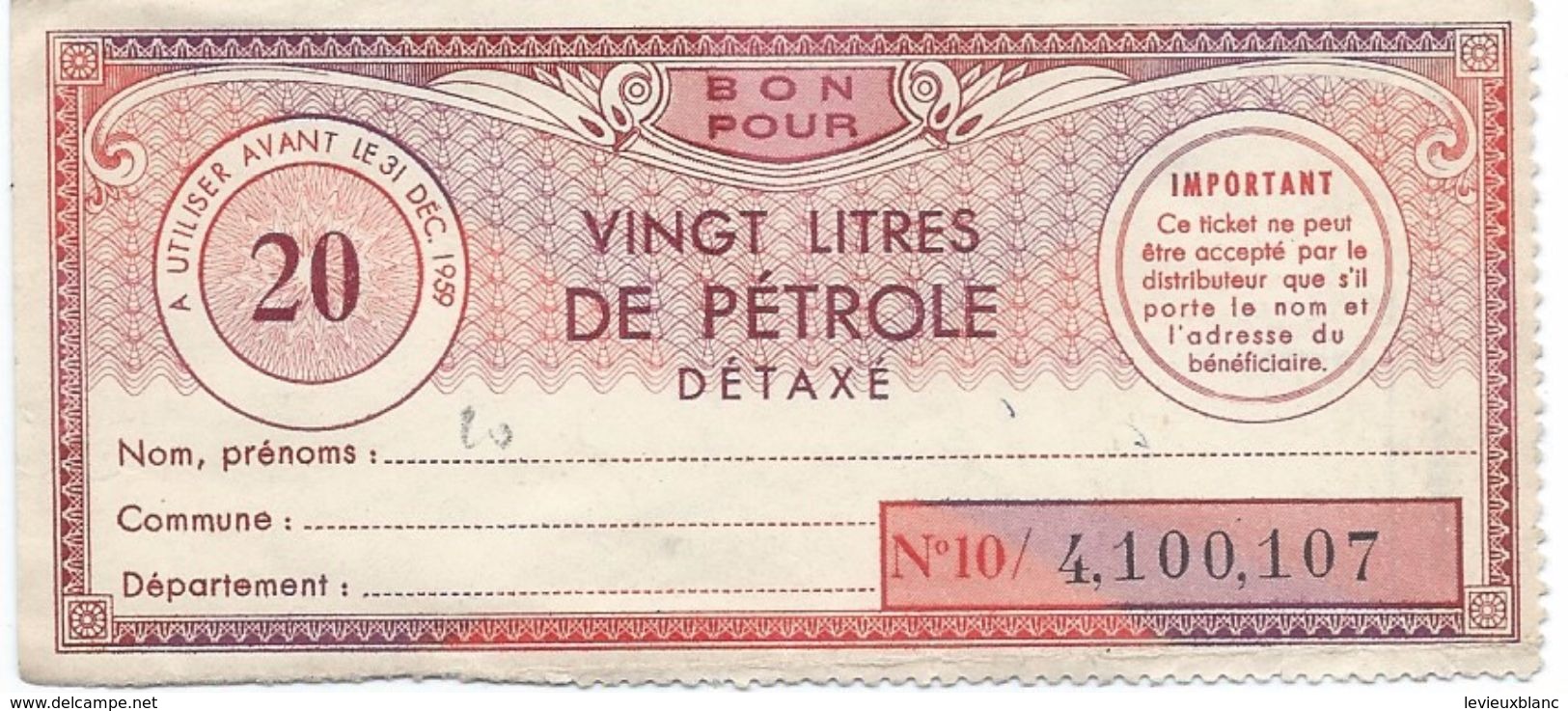 Libération/Tickets De Rationnement/2  Tickets/20 Litres De Pétrole Détaxé / Années 1950       OL101 - Dokumente