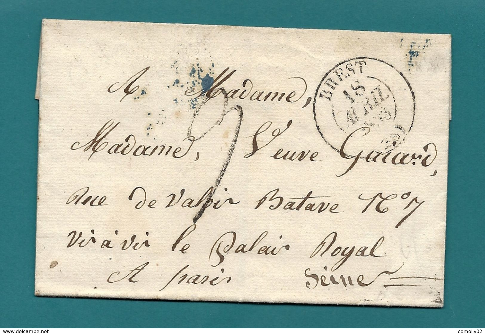 Finistère - Brest Pour Paris. CàD Type 13 + Taxe Tampon 9. LSC De 1833 - 1801-1848: Précurseurs XIX