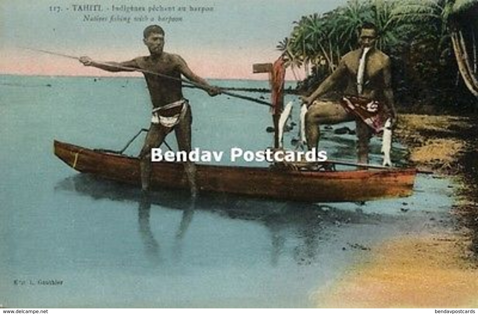 French Polynesia, TAHITI, Native Tahitian Males  Fishing With Harpoon (1920s) - Tahiti