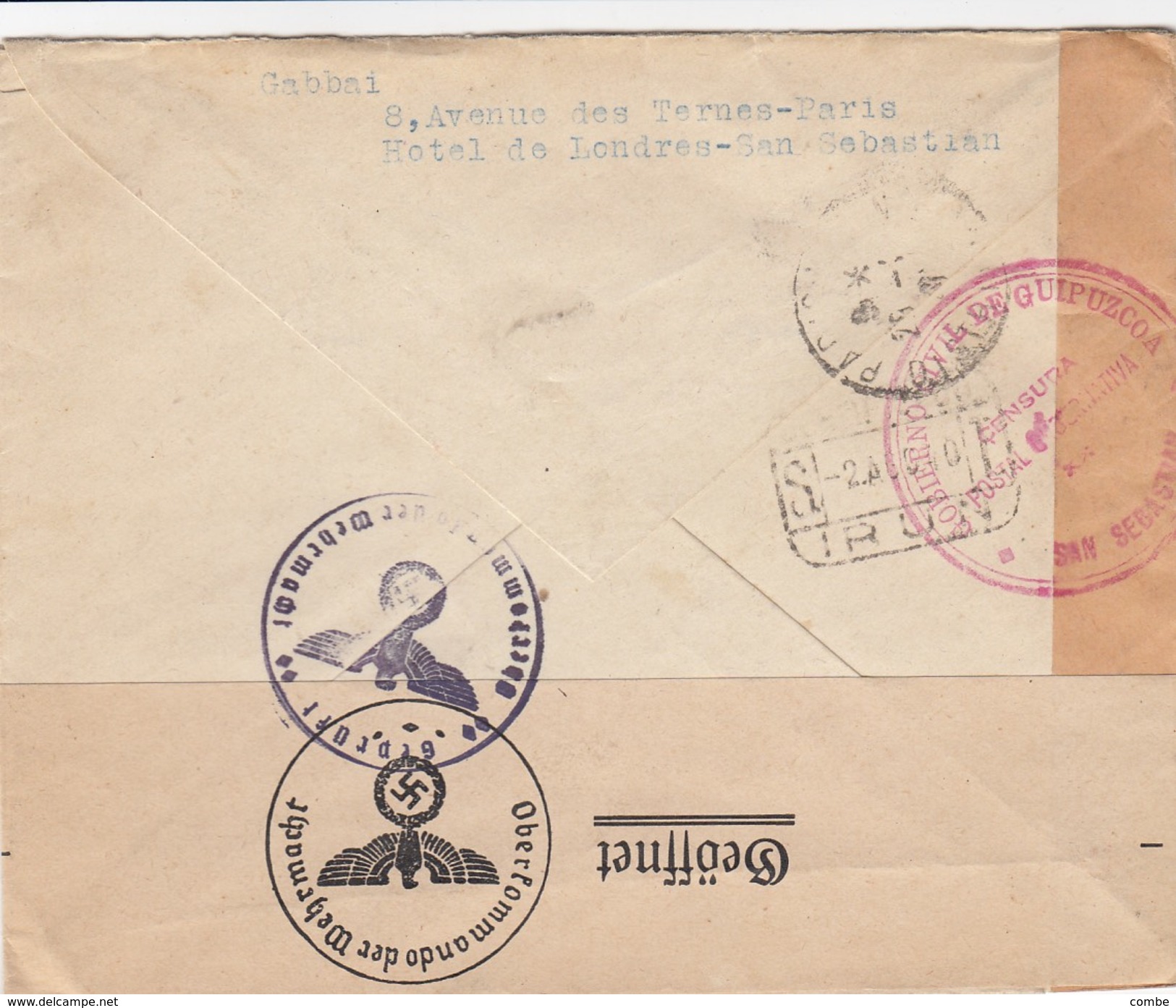 LETTRE ESPAGNE. 2 8 1940. CERTIFICADO SAN SEBASTIAN POUR PARIS. DIVERSES CENSURES. GUIPUZCOA SAN SEBASTIAN. ALLEMANDE - Briefe U. Dokumente