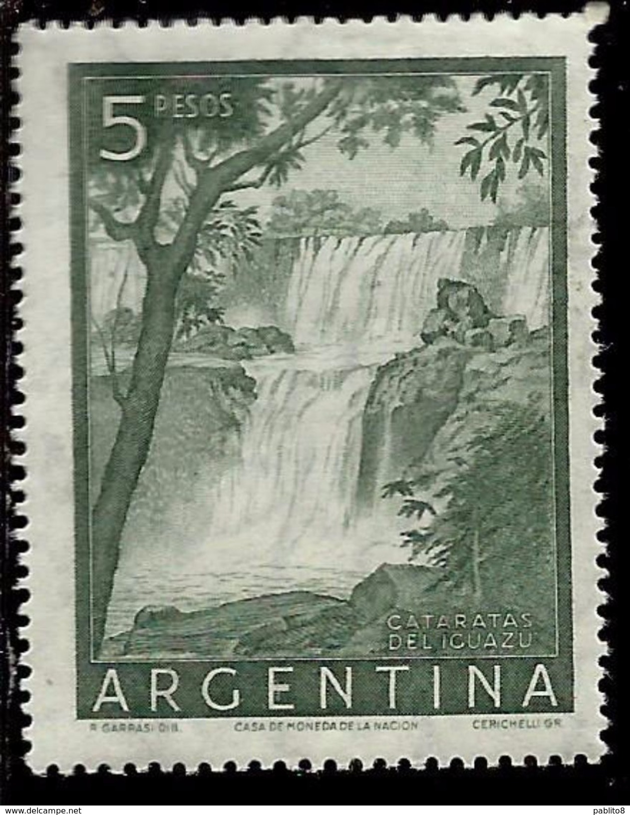 ARGENTINA 1954 1959 IGUACU CATARATAS DELL' IGUAZU FALLS WATERFALL CASCATE PERF 13 1/2 DENT. PESOS 5p MNH - Nuovi