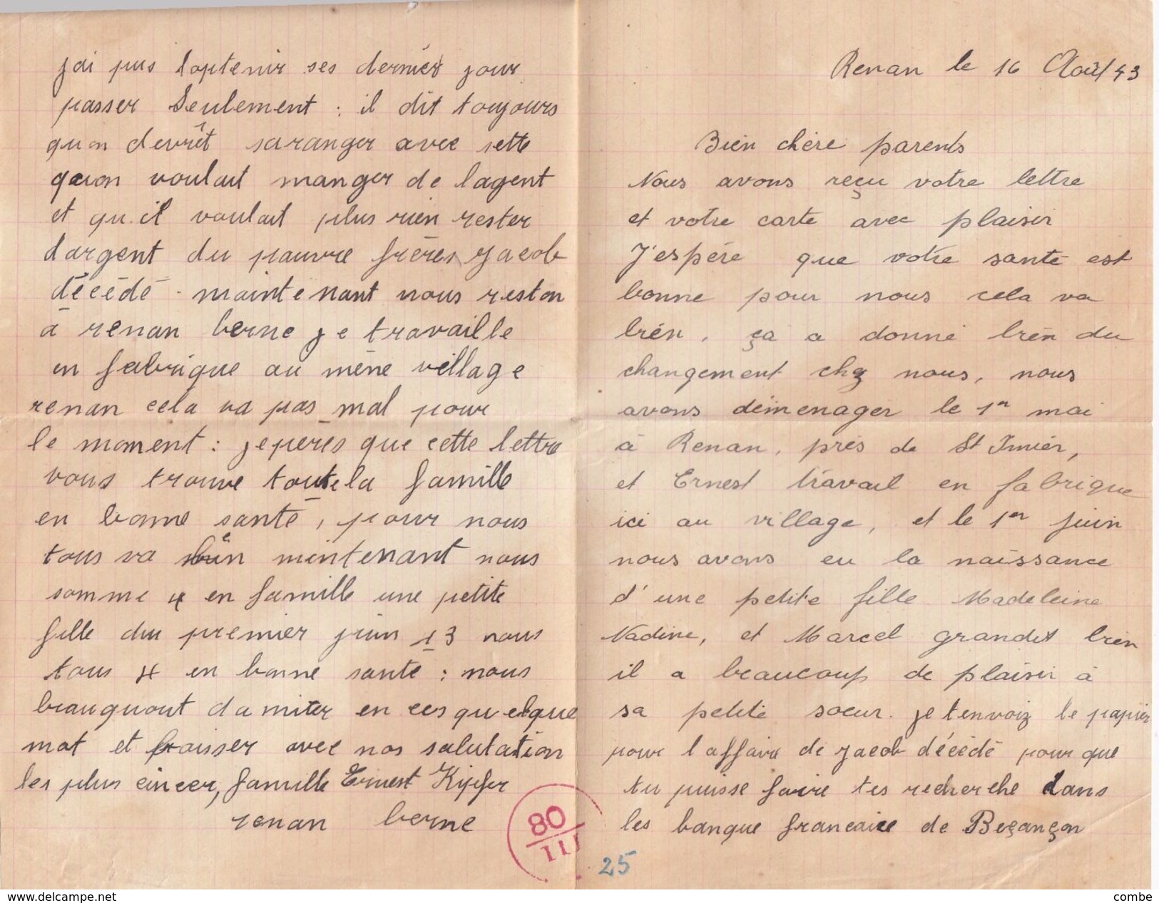 LETTRE SUISSE. 1 VIII 1943. RECOMMANDE RENAN JURA BERNE POUR CANNES PUIS CHARQUEMONT. CENSURE ITALIENNE CORRESPONDANCE - Lettres & Documents